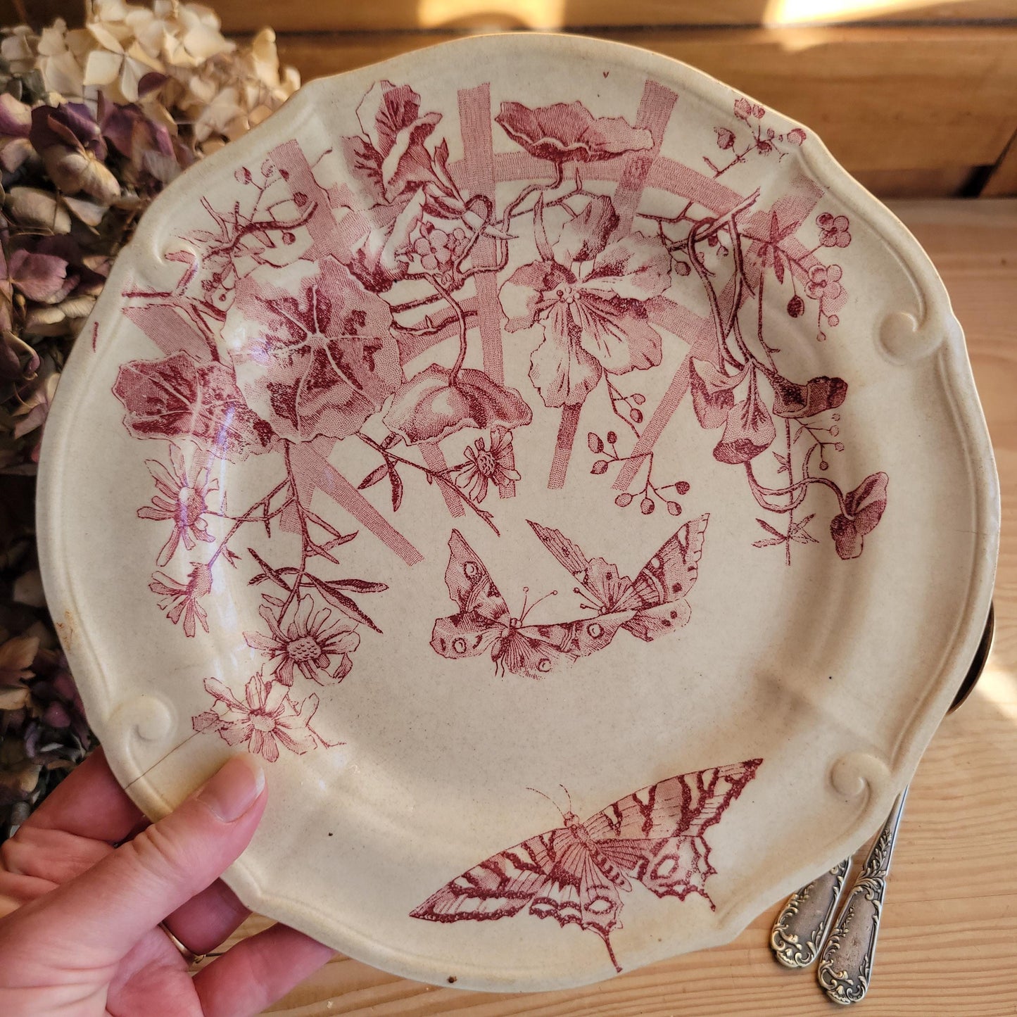 Antique Red Transferware Dinner Plate with Butterflies and Floral Motif, France c.1890