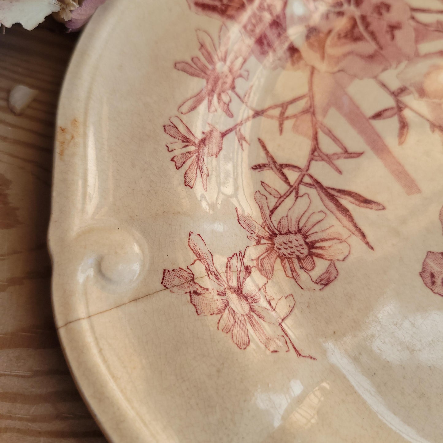 Antique Red Transferware Dinner Plate with Butterflies and Floral Motif, France c.1890