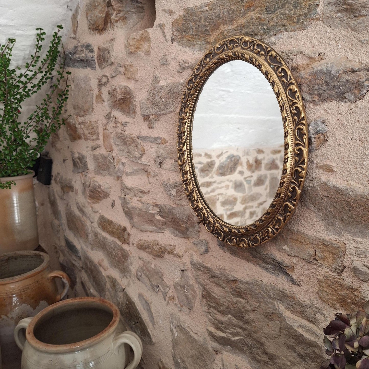 Antique French Gilt Metal Oval Mirror Ornate Frame c1920 Small Wall Mirror