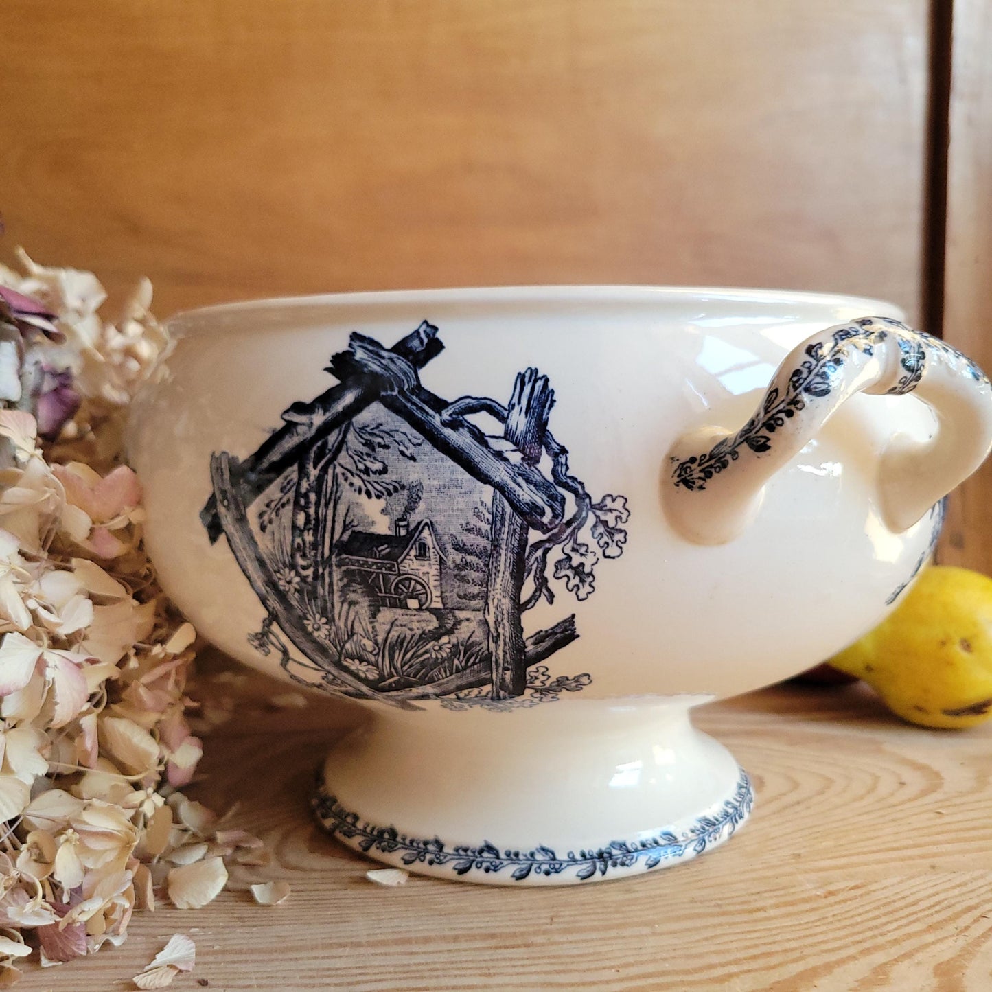 Antique Blue and White Transferware Soupière for Paris Department Store, France c.1900