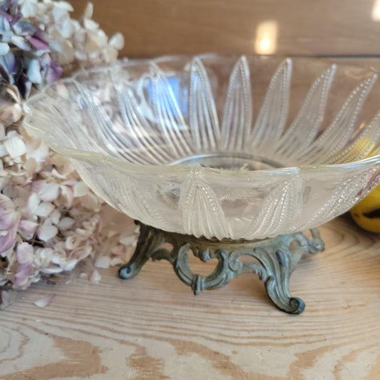 Antique Glass Fruit Bowl with Cast Metal Foot, France c.1910