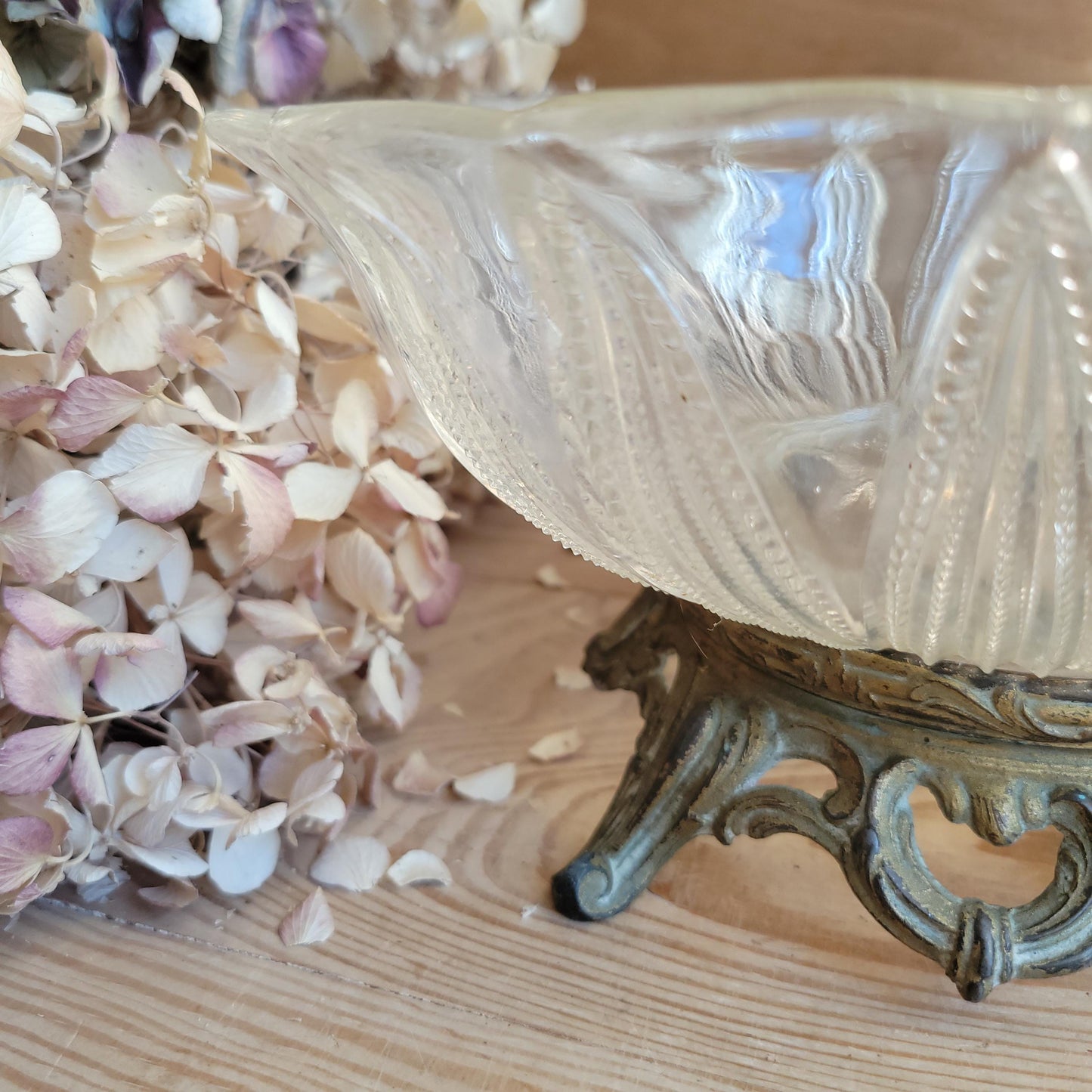 Antique Glass Fruit Bowl with Cast Metal Foot, France c.1910