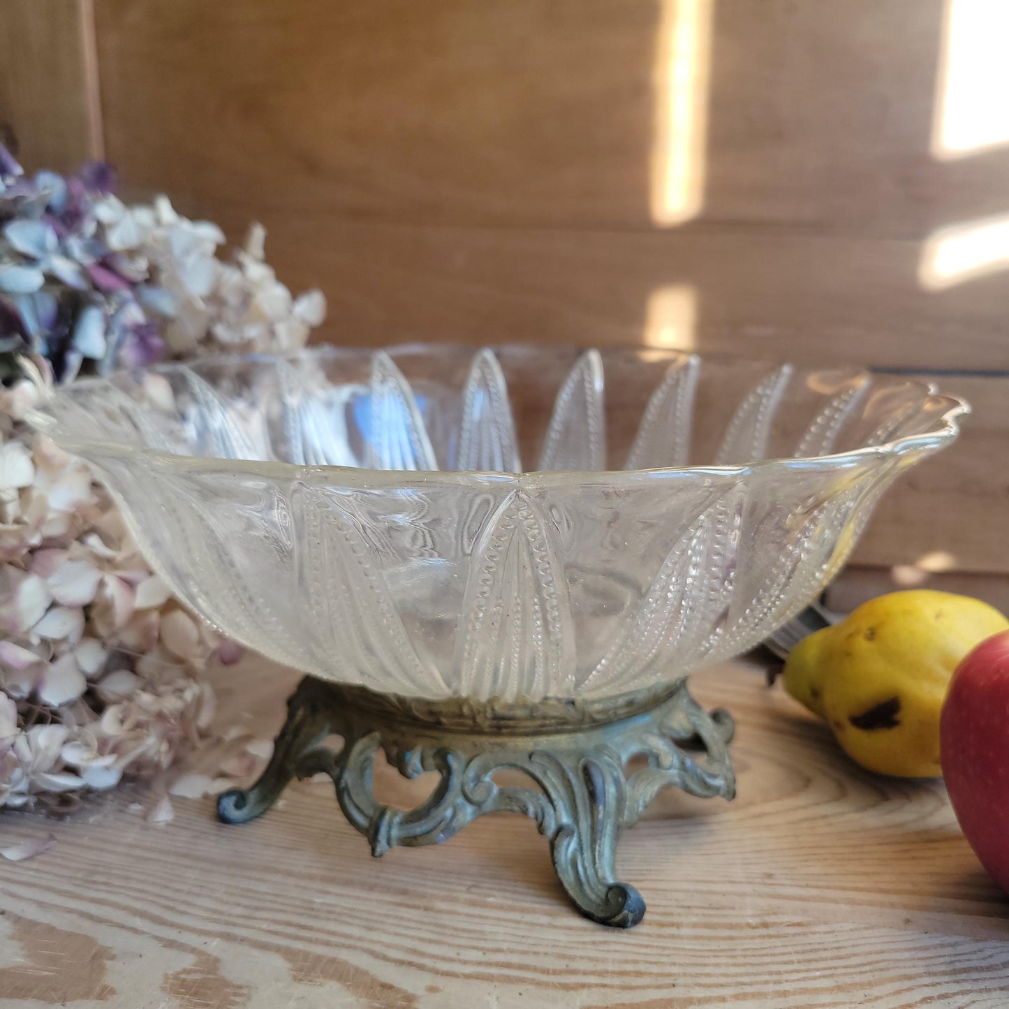 Antique Glass Fruit Bowl with Cast Metal Foot, France c.1910