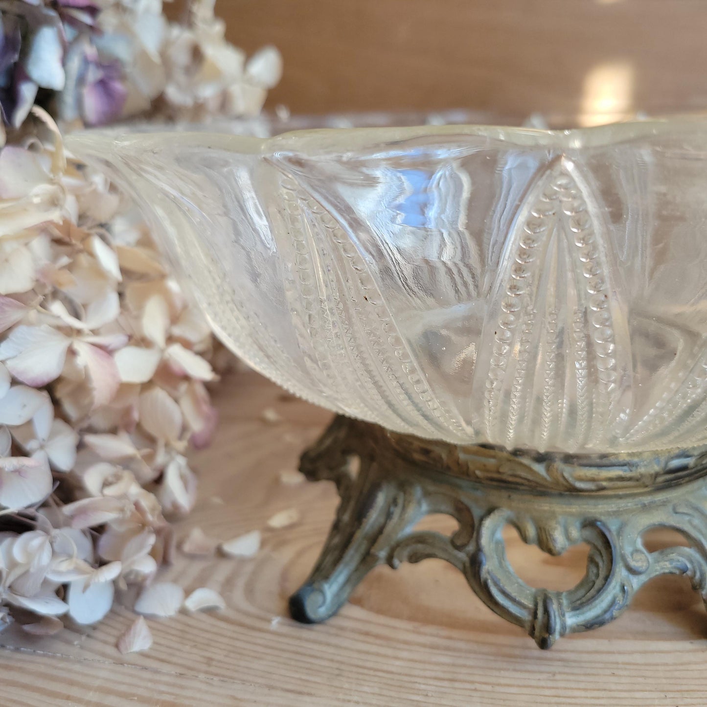 Antique Glass Fruit Bowl with Cast Metal Foot, France c.1910