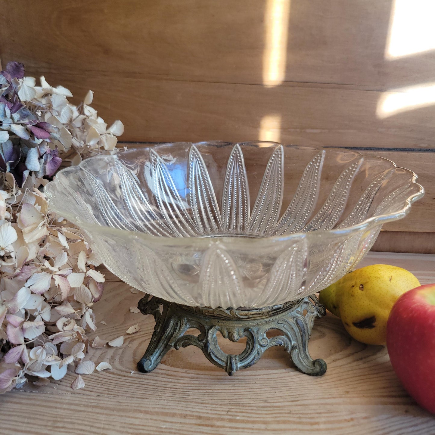 Antique Glass Fruit Bowl with Cast Metal Foot, France c.1910