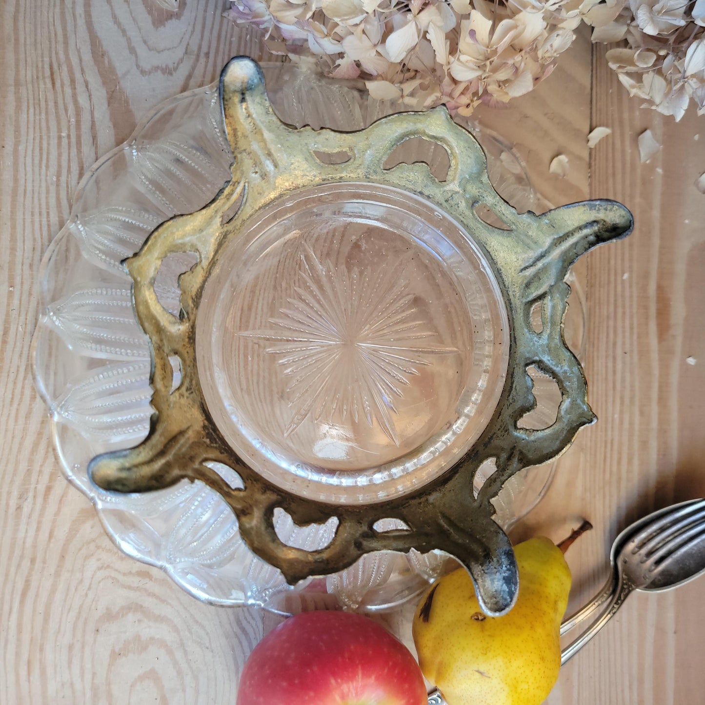 Antique Glass Fruit Bowl with Cast Metal Foot, France c.1910