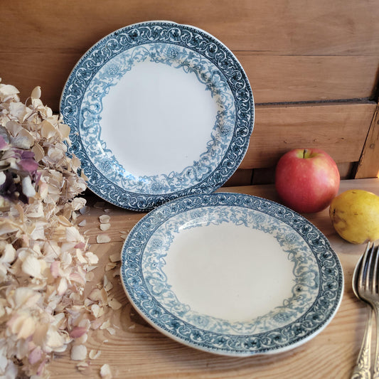 Pair of Choisy-le-Roi Dessert Plates, Teal Transferware with Scalloped Rims, France c.1890