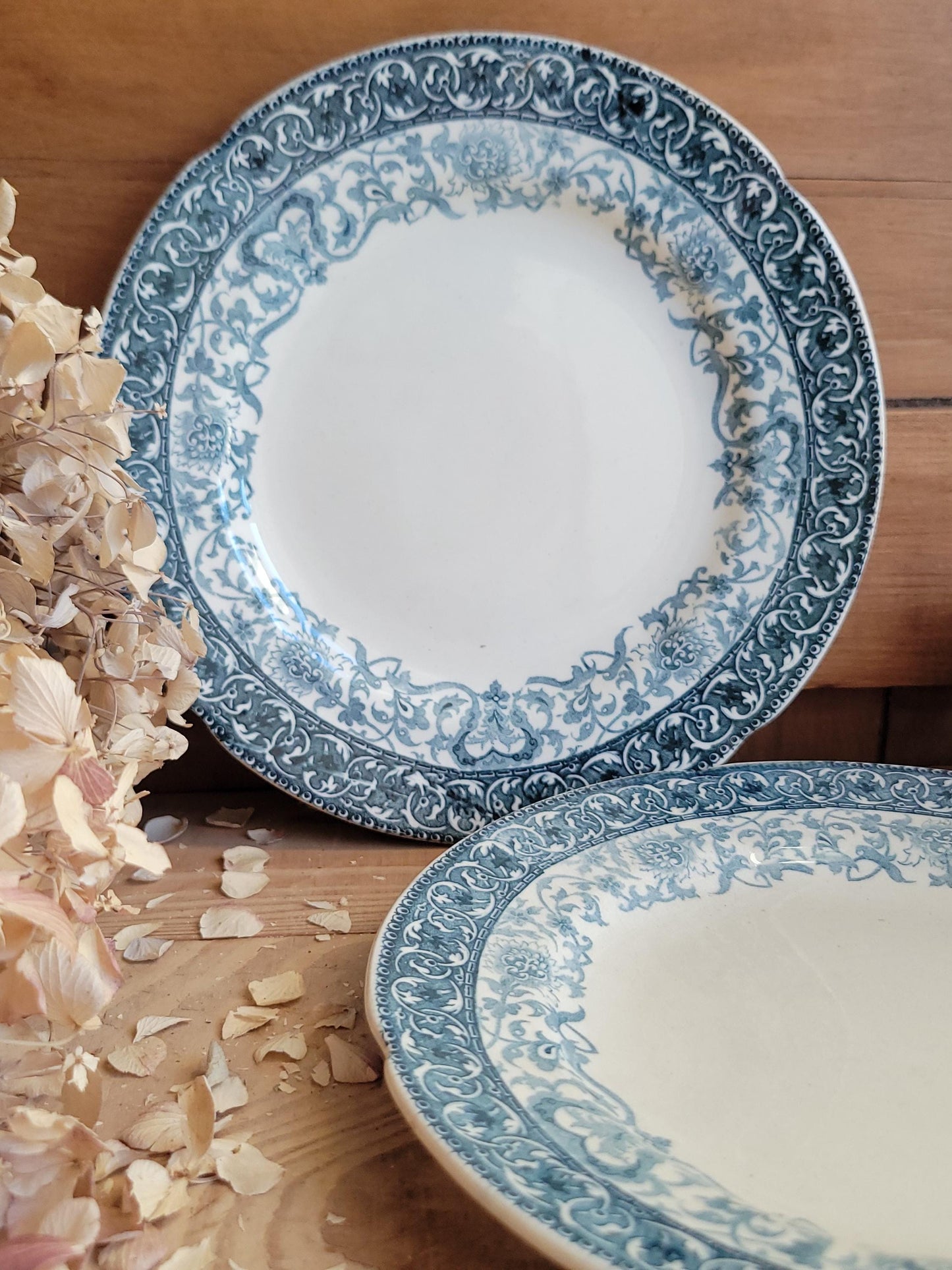 Pair of Choisy-le-Roi Dessert Plates, Teal Transferware with Scalloped Rims, France c.1890