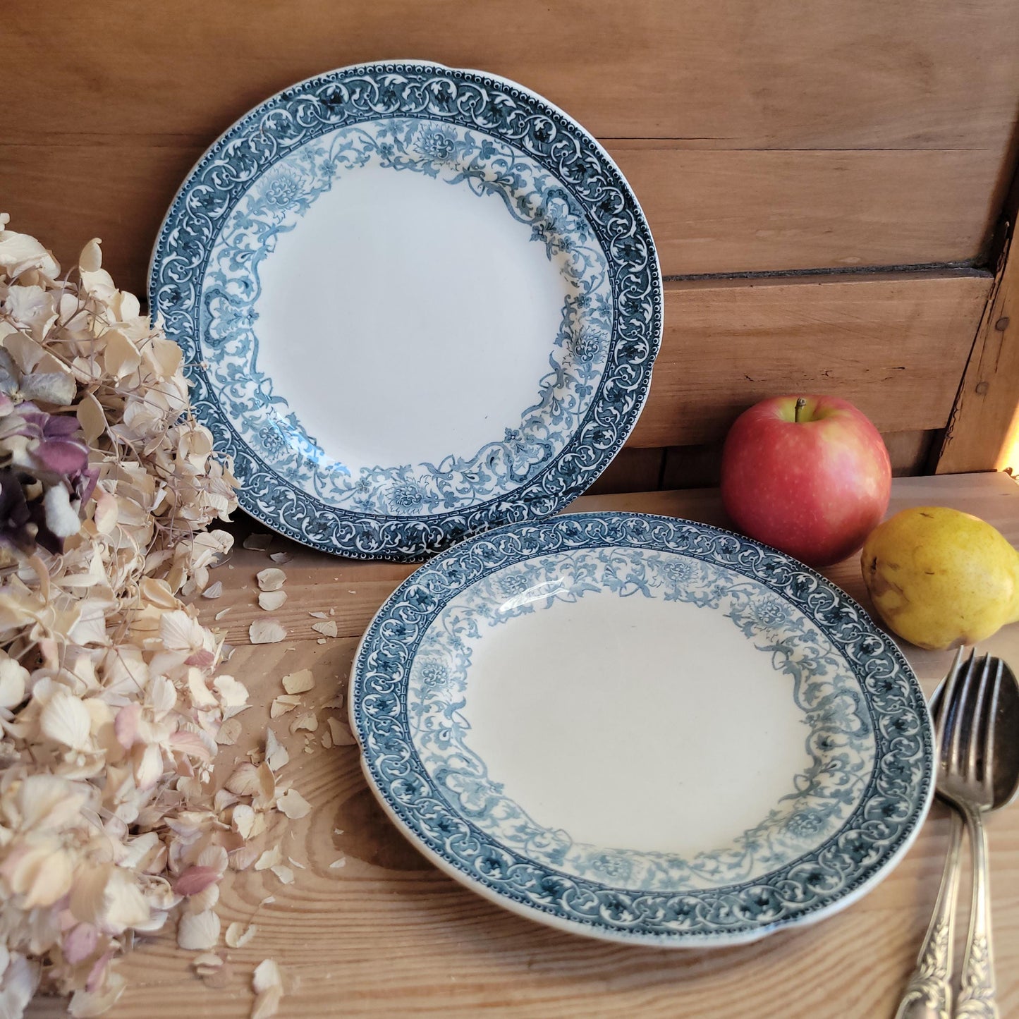 Pair of Choisy-le-Roi Dessert Plates, Teal Transferware with Scalloped Rims, France c.1890