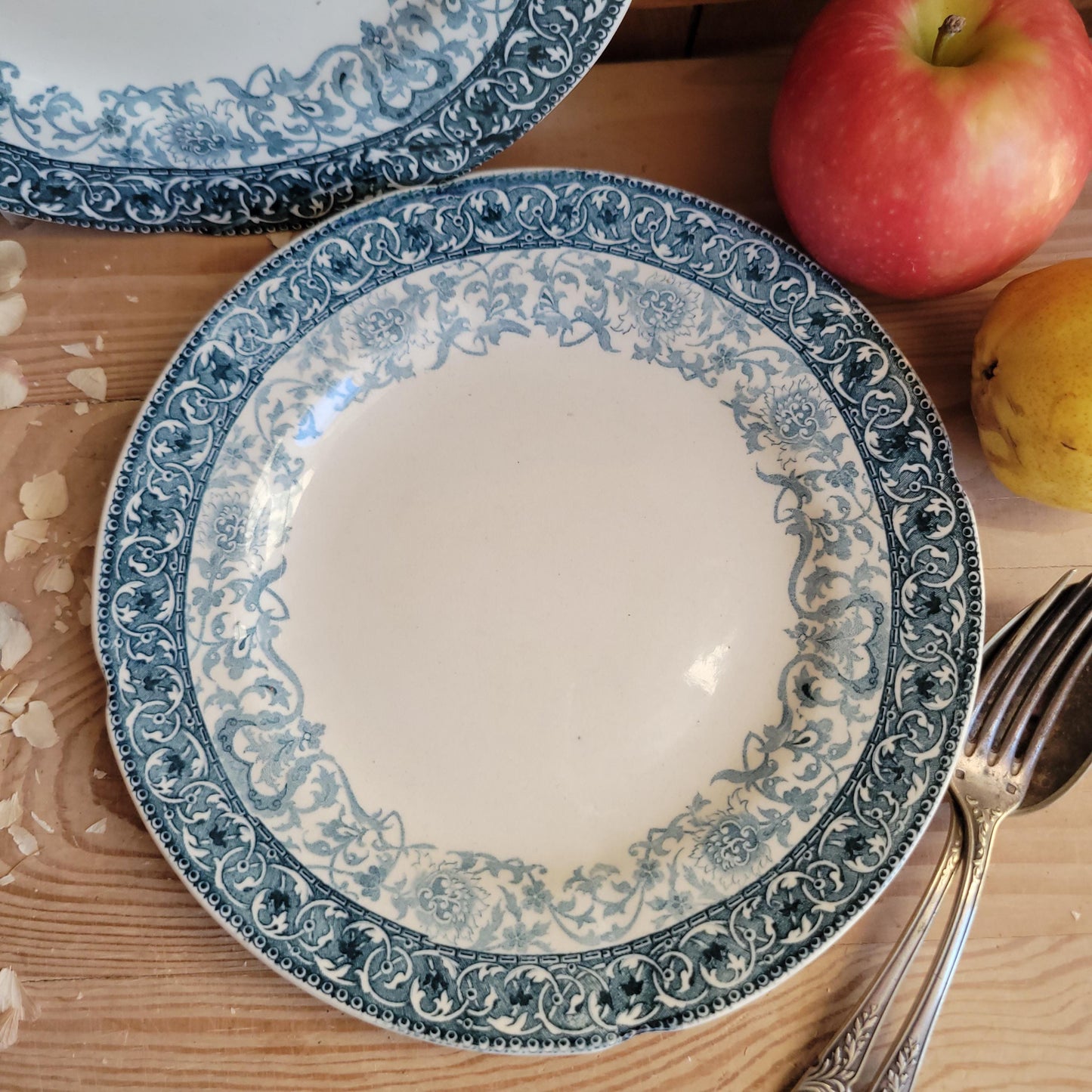 Pair of Choisy-le-Roi Dessert Plates, Teal Transferware with Scalloped Rims, France c.1890