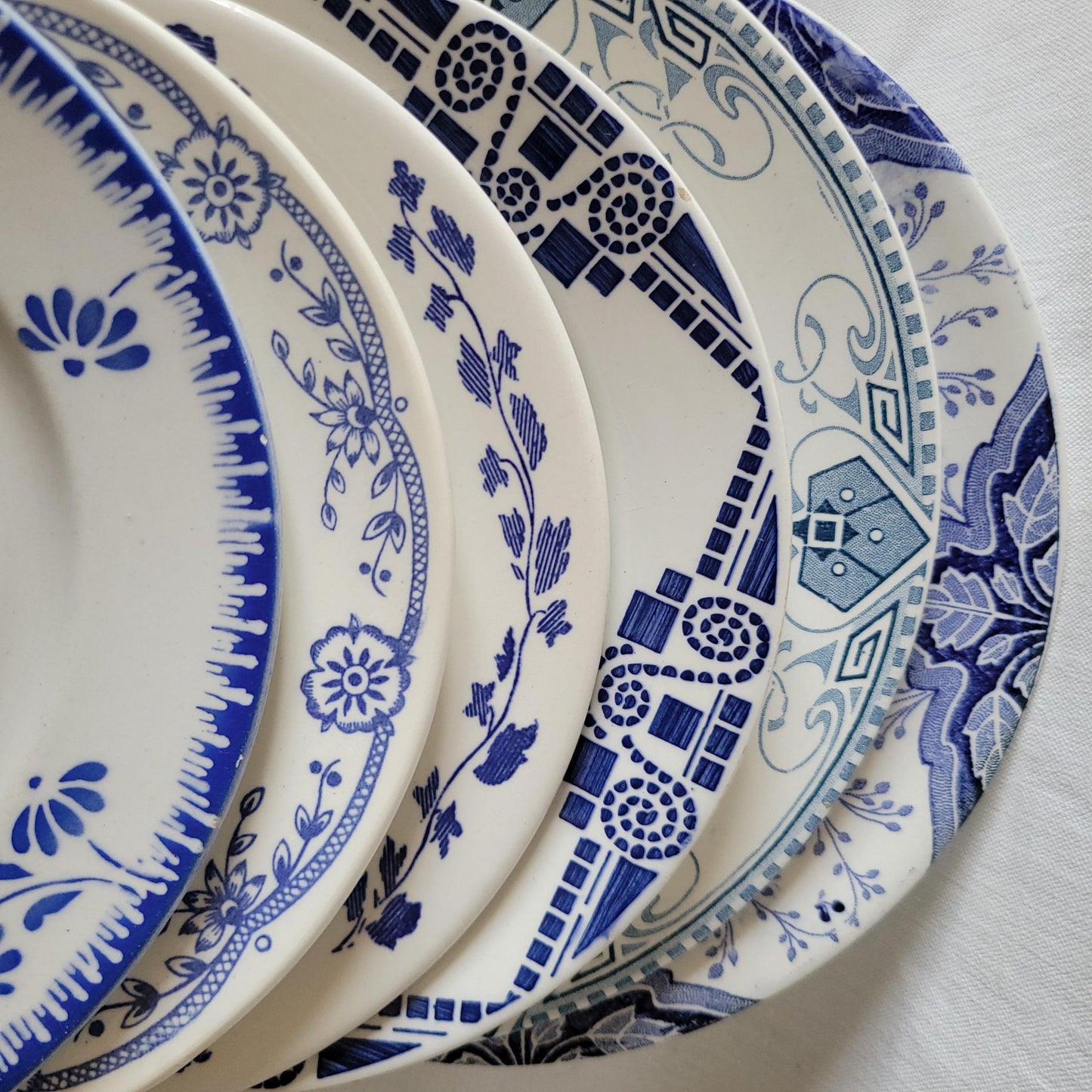 SET 6 mismatched vintage ironstone breakfast/dessert plates, blue and white transferware cottage style floral patterns, France c1880-1925