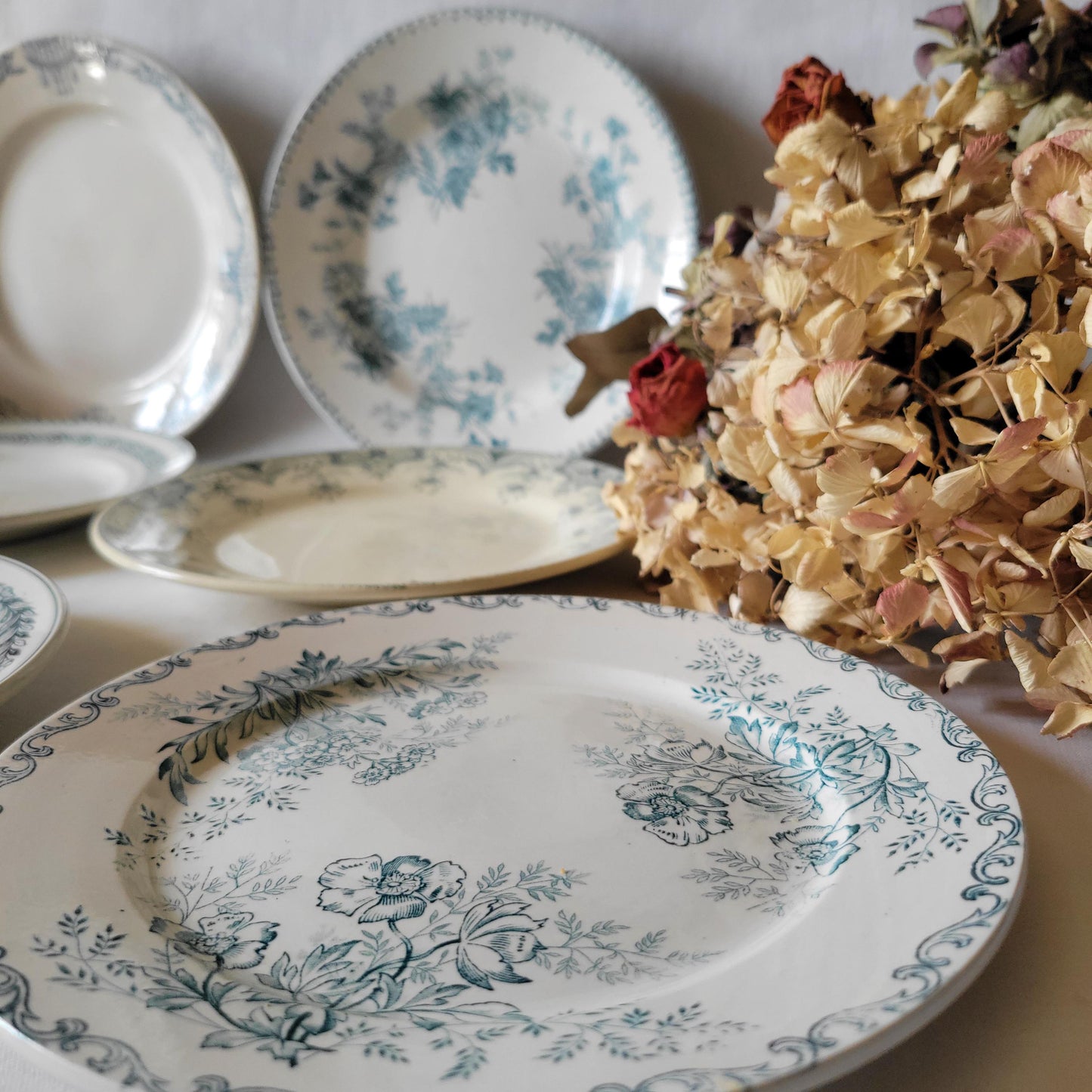 SET 6 mismatched antique green transferware dessert plates c 1880 - 1900