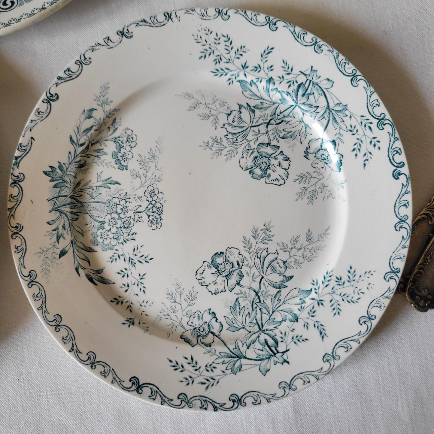 SET 6 mismatched antique green transferware dessert plates c 1880 - 1900