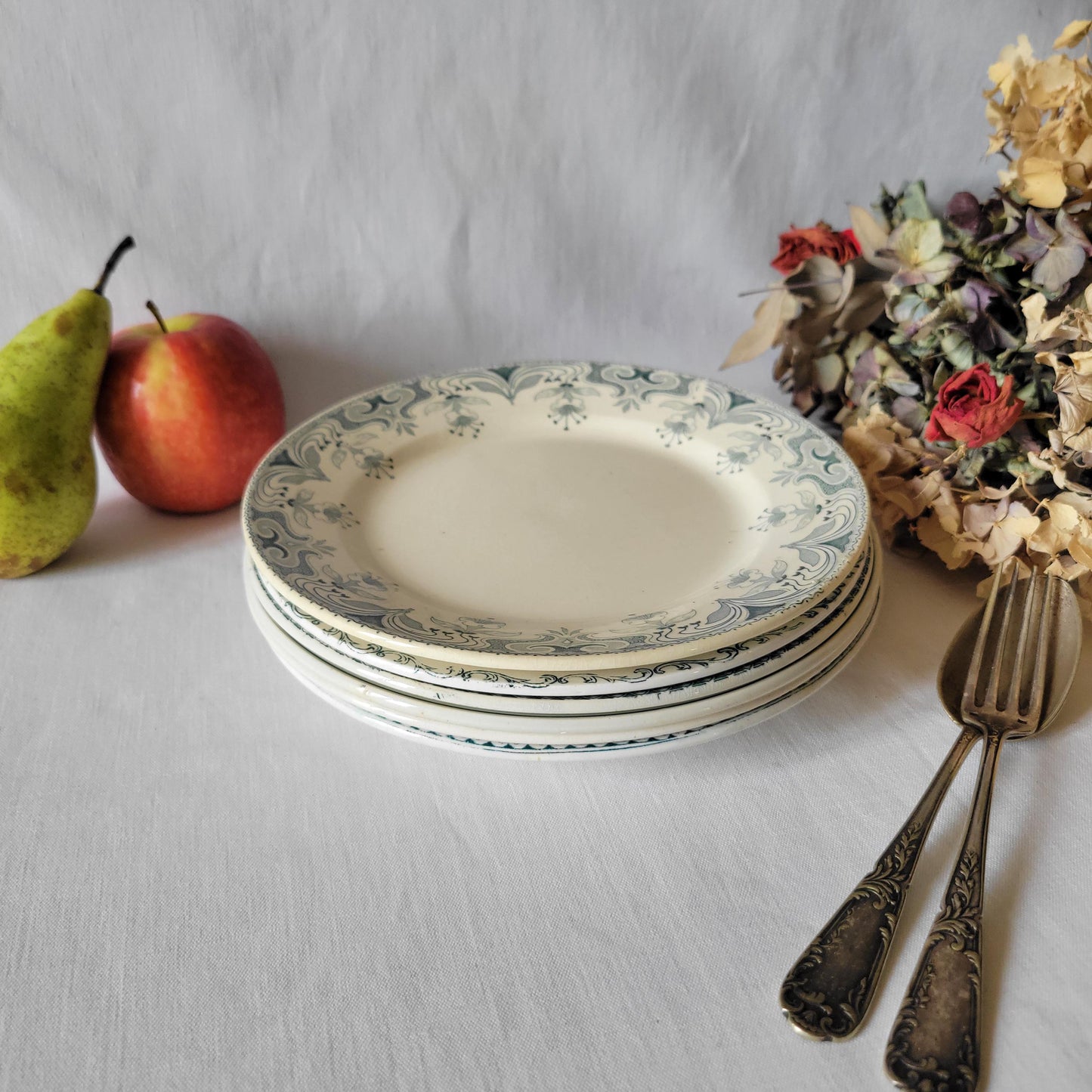 SET 6 mismatched antique green transferware dessert plates c 1880 - 1900