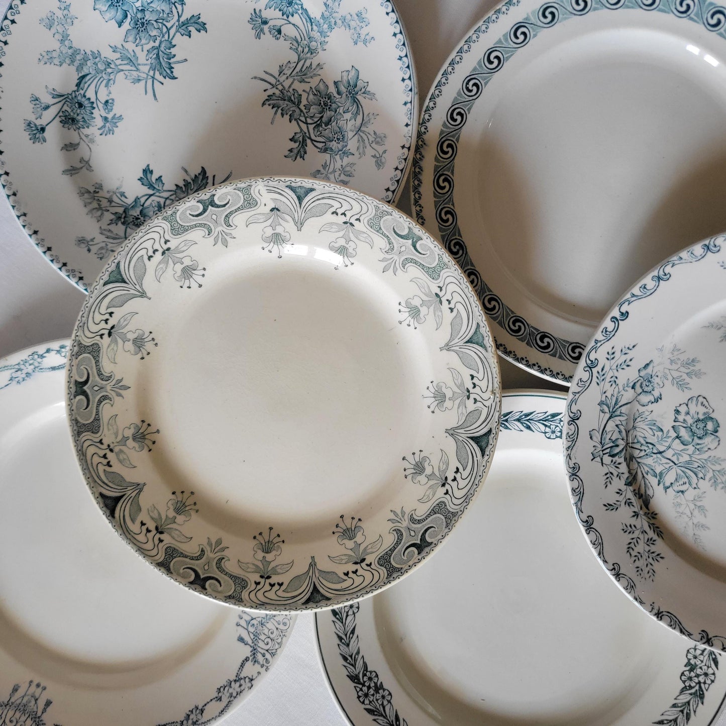 SET 6 mismatched antique green transferware dessert plates c 1880 - 1900