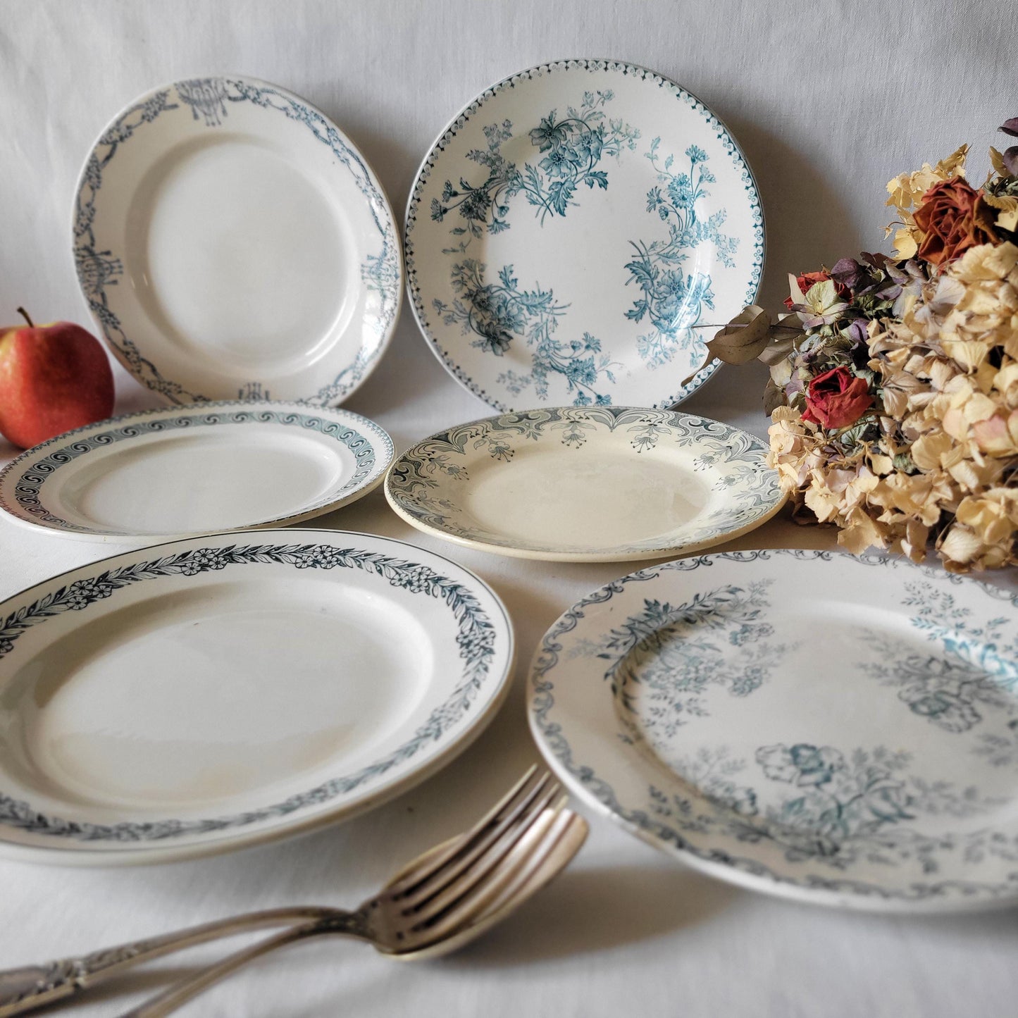SET 6 mismatched antique green transferware dessert plates c 1880 - 1900