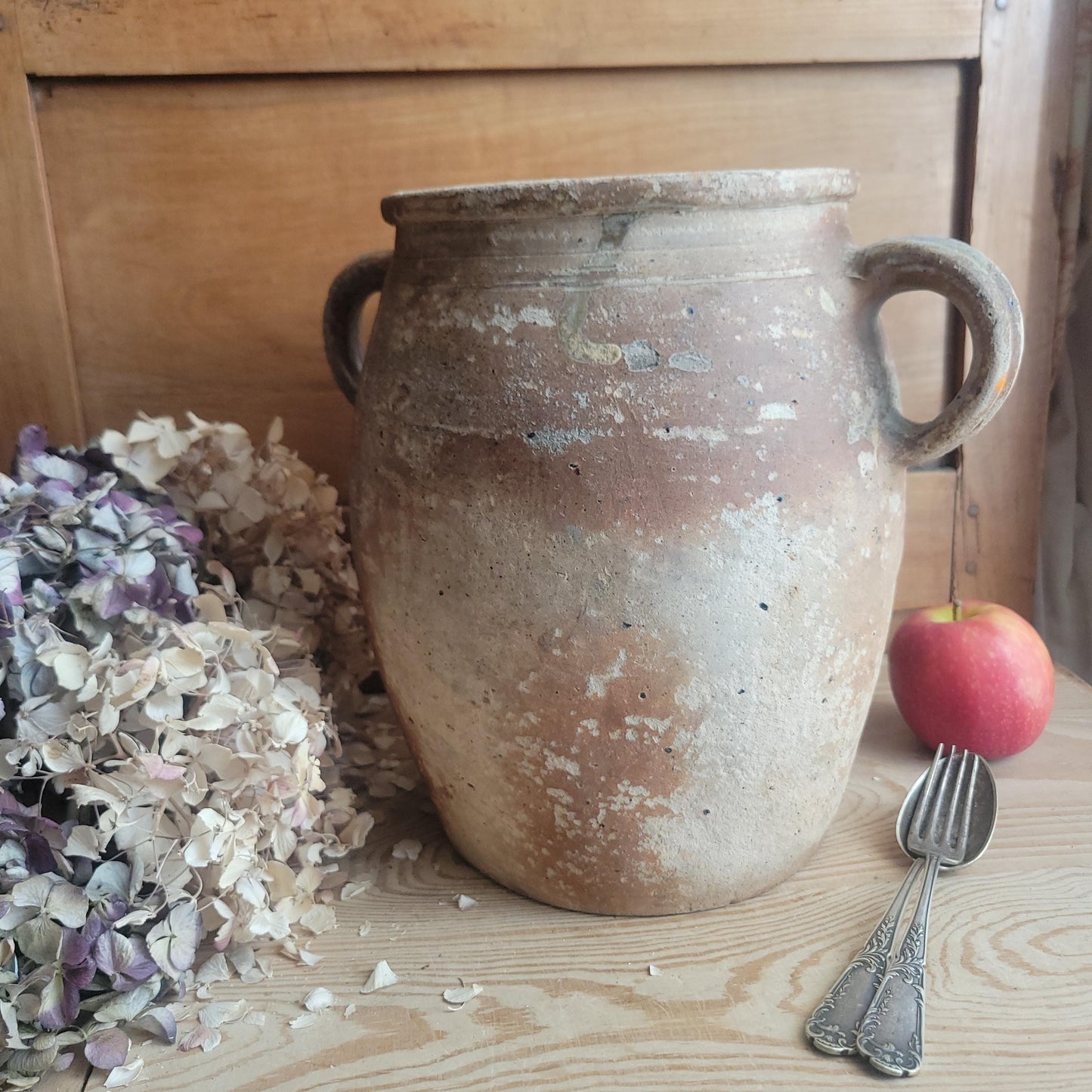 Antique French Confit Pot-two handled stoneware, pale brown part glaze and ecru ground early 1900s