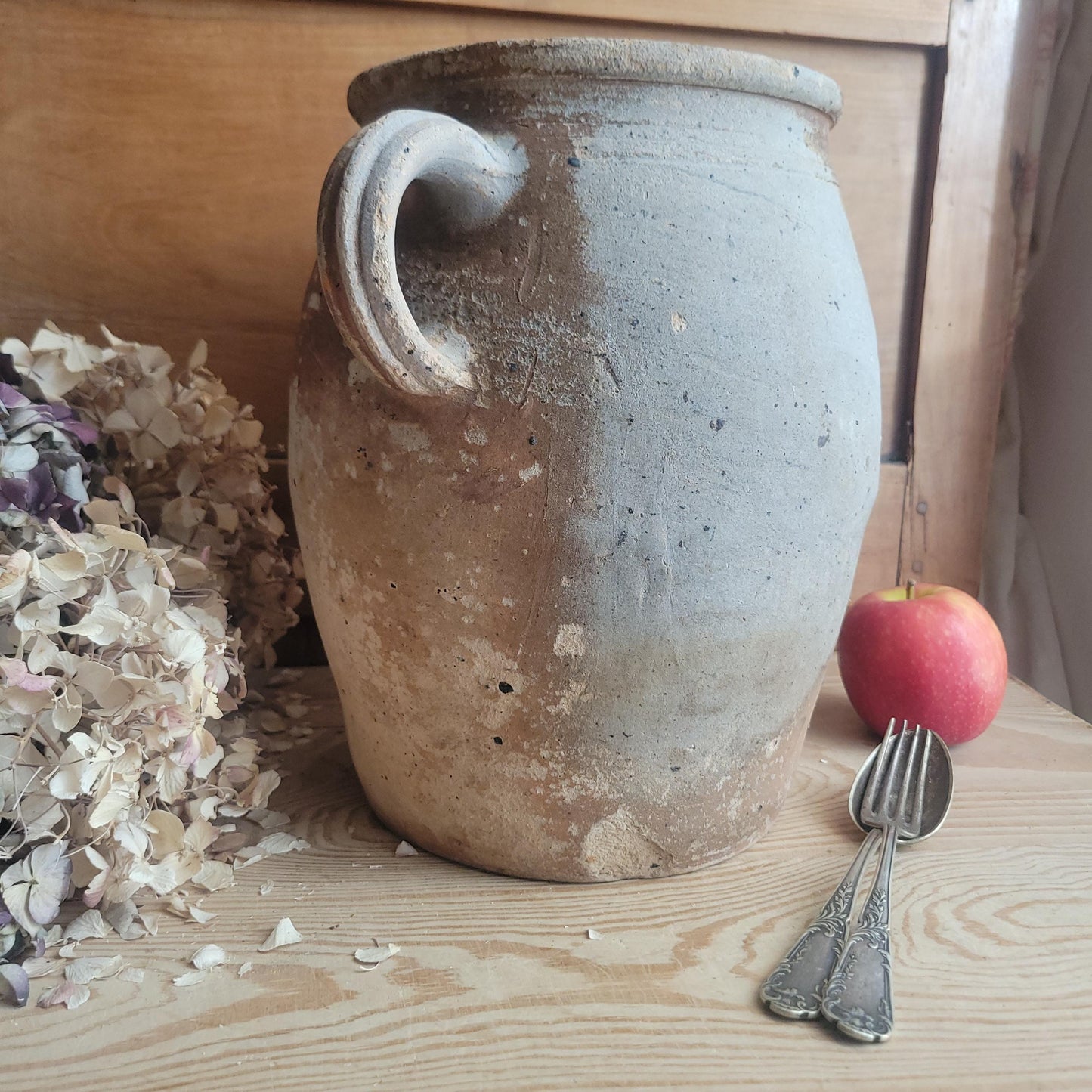 Antique French Confit Pot-two handled stoneware, pale brown part glaze and ecru ground early 1900s