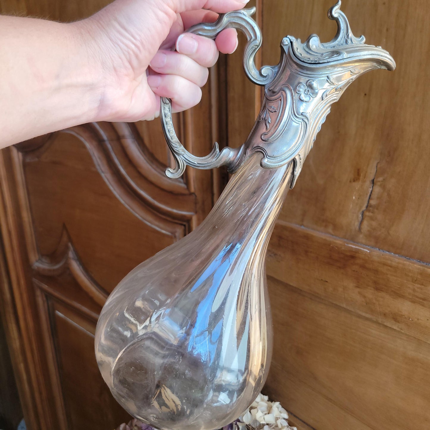 Antique Glass Decanter with Metal Mount and Handle, France c.1911