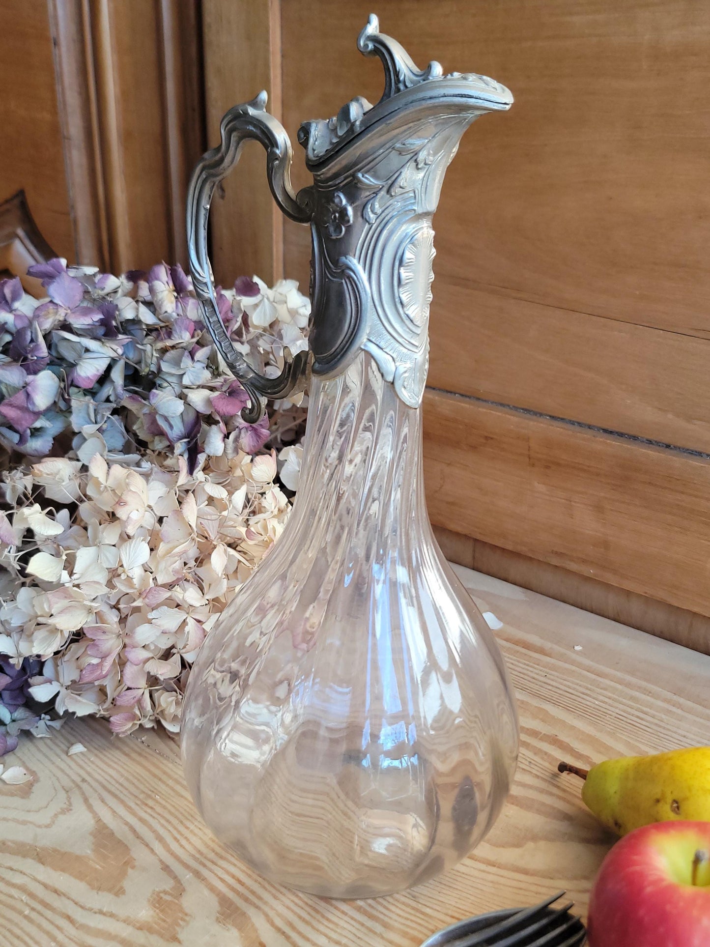 Antique Glass Decanter with Metal Mount and Handle, France c.1911