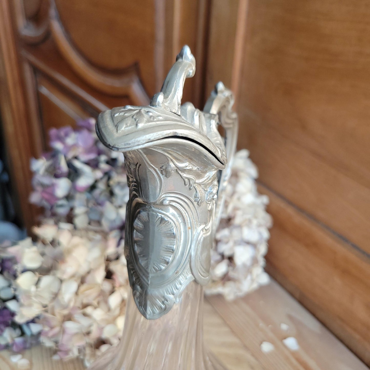 Antique Glass Decanter with Metal Mount and Handle, France c.1911