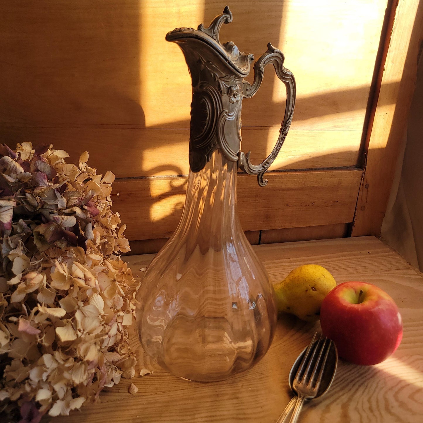 Antique Glass Decanter with Metal Mount and Handle, France c.1911