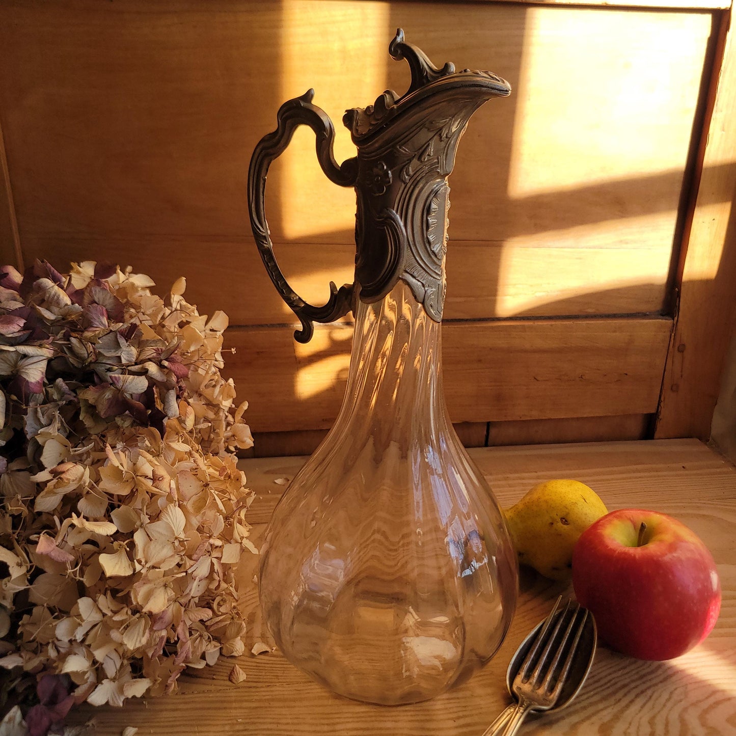 Antique Glass Decanter with Metal Mount and Handle, France c.1911