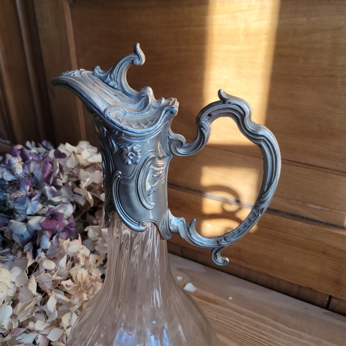 Antique Glass Decanter with Metal Mount and Handle, France c.1911