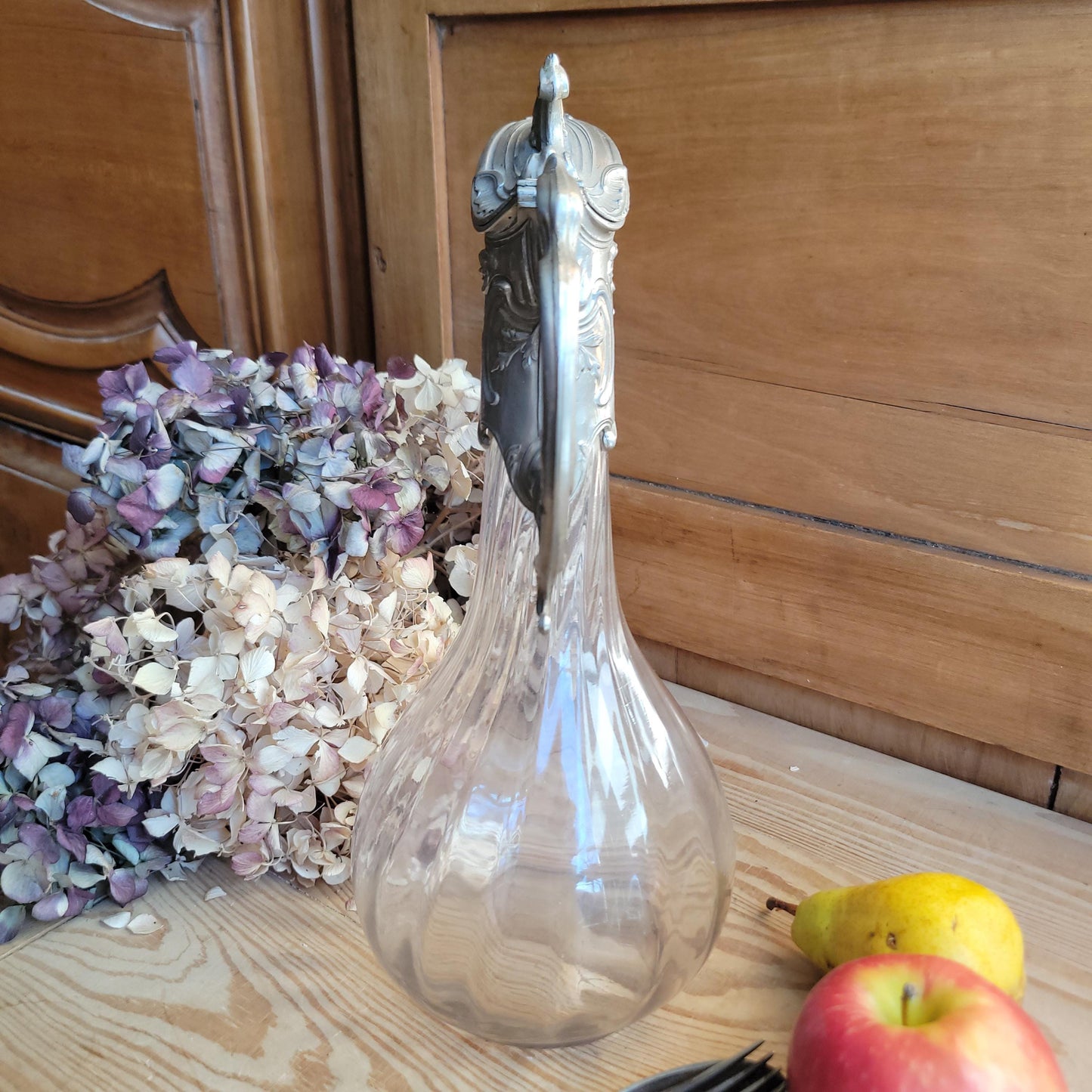 Antique Glass Decanter with Metal Mount and Handle, France c.1911