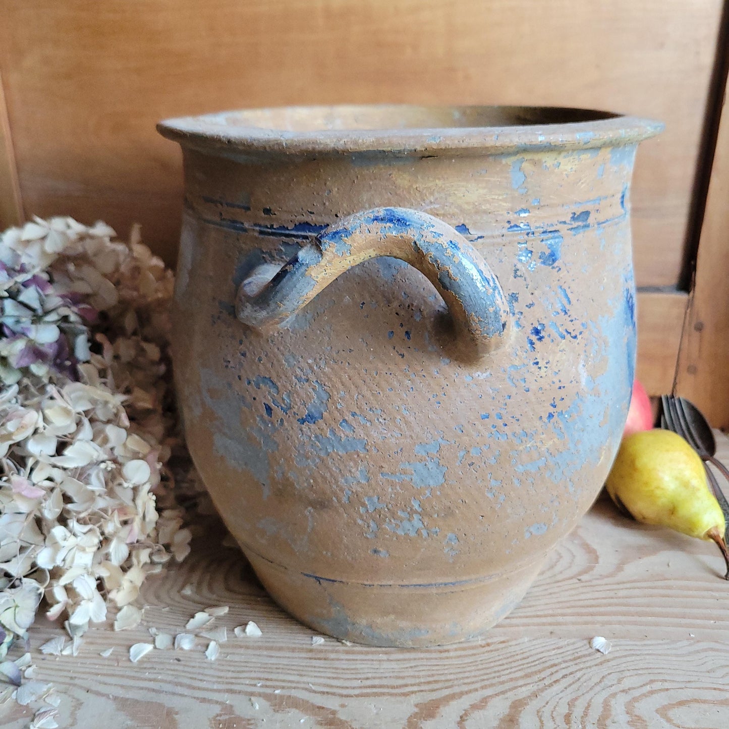 Very Large Antique Confit Pot, blue ground, brown surface with handles, La Borne c.1900