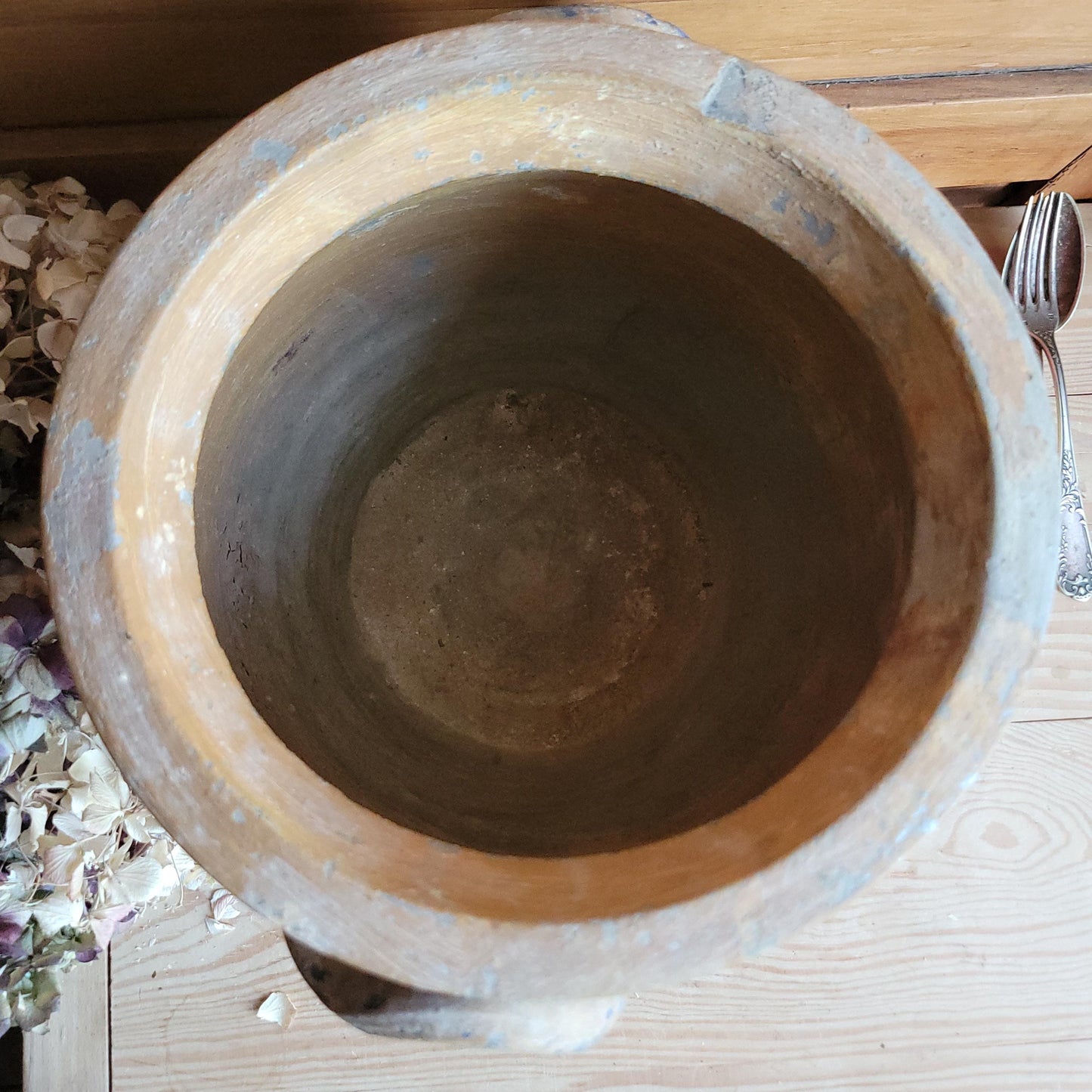 Very Large Antique Confit Pot, blue ground, brown surface with handles, La Borne c.1900