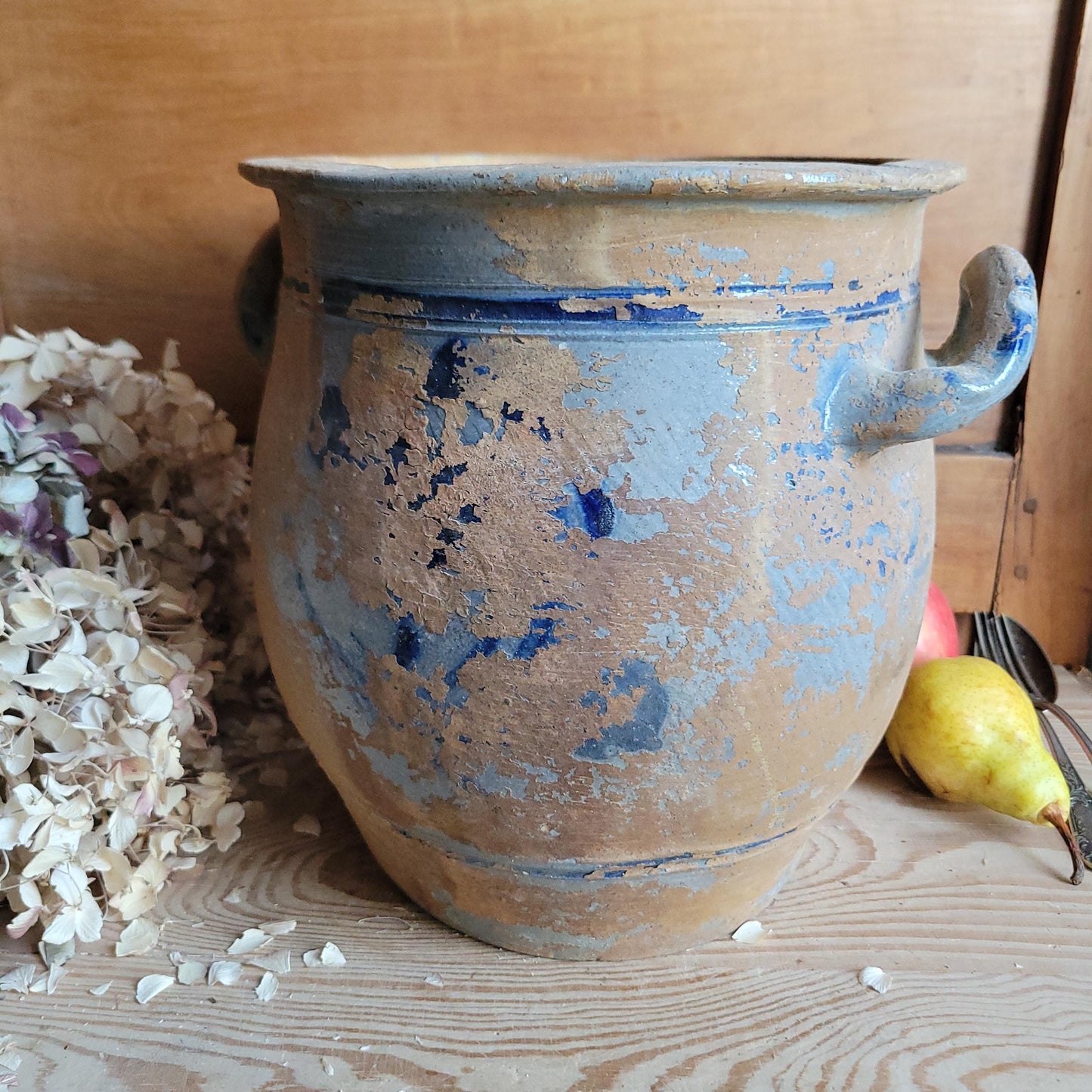 Very Large Antique Confit Pot, blue ground, brown surface with handles, La Borne c.1900