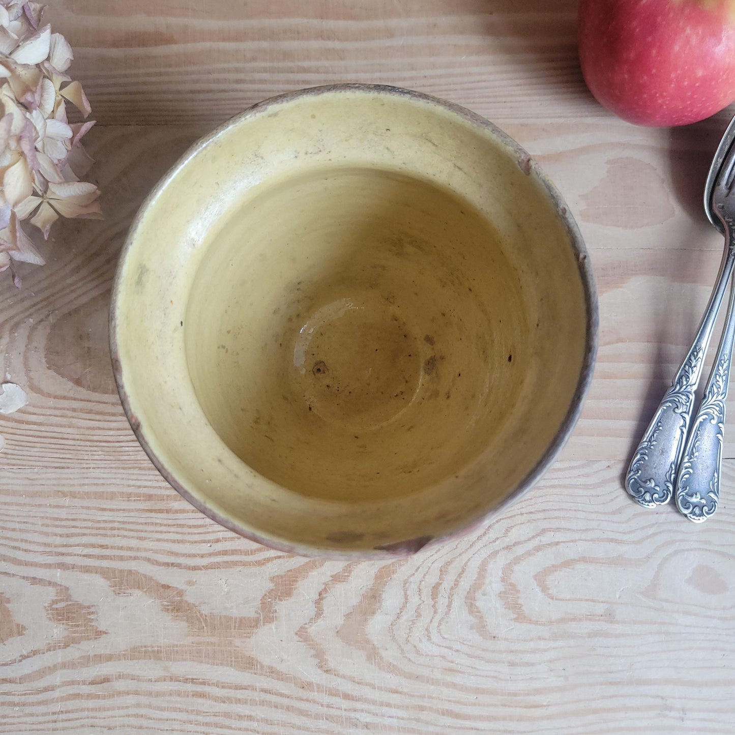 Antique Small Stoneware Confit Pot, Yellow Interior Drip Glaze, Artisanal, Provence, France c.1920