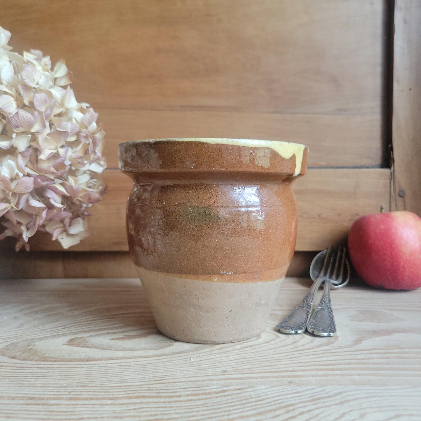 Antique Small Stoneware Confit Pot, Yellow Interior Drip Glaze, Artisanal, Provence, France c.1920