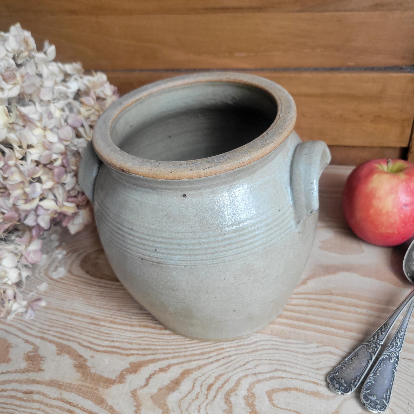 Small Antique French Confit Pot - Glazed attached-handled vintage stoneware, greige, early 1900s