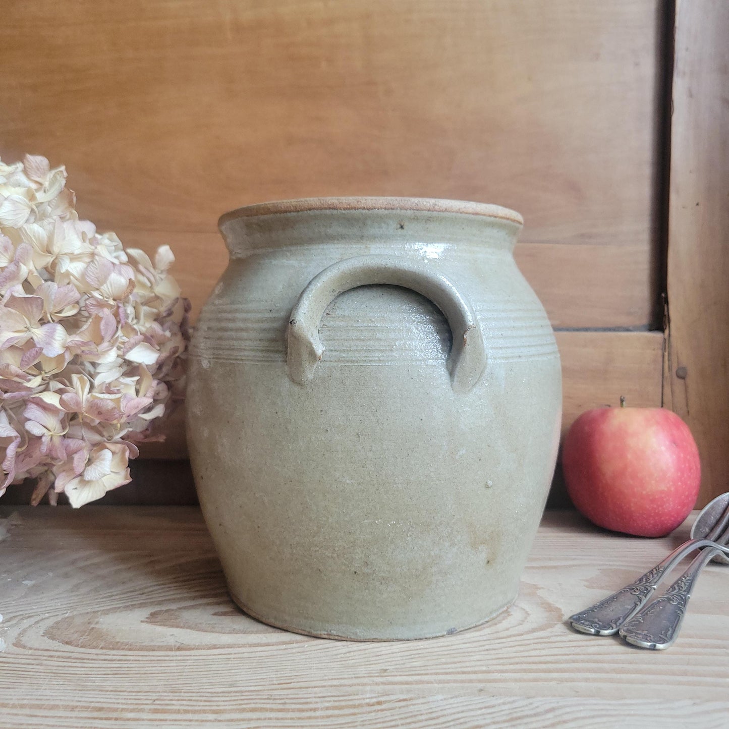 Small Antique French Confit Pot - Glazed attached-handled vintage stoneware, greige, early 1900s