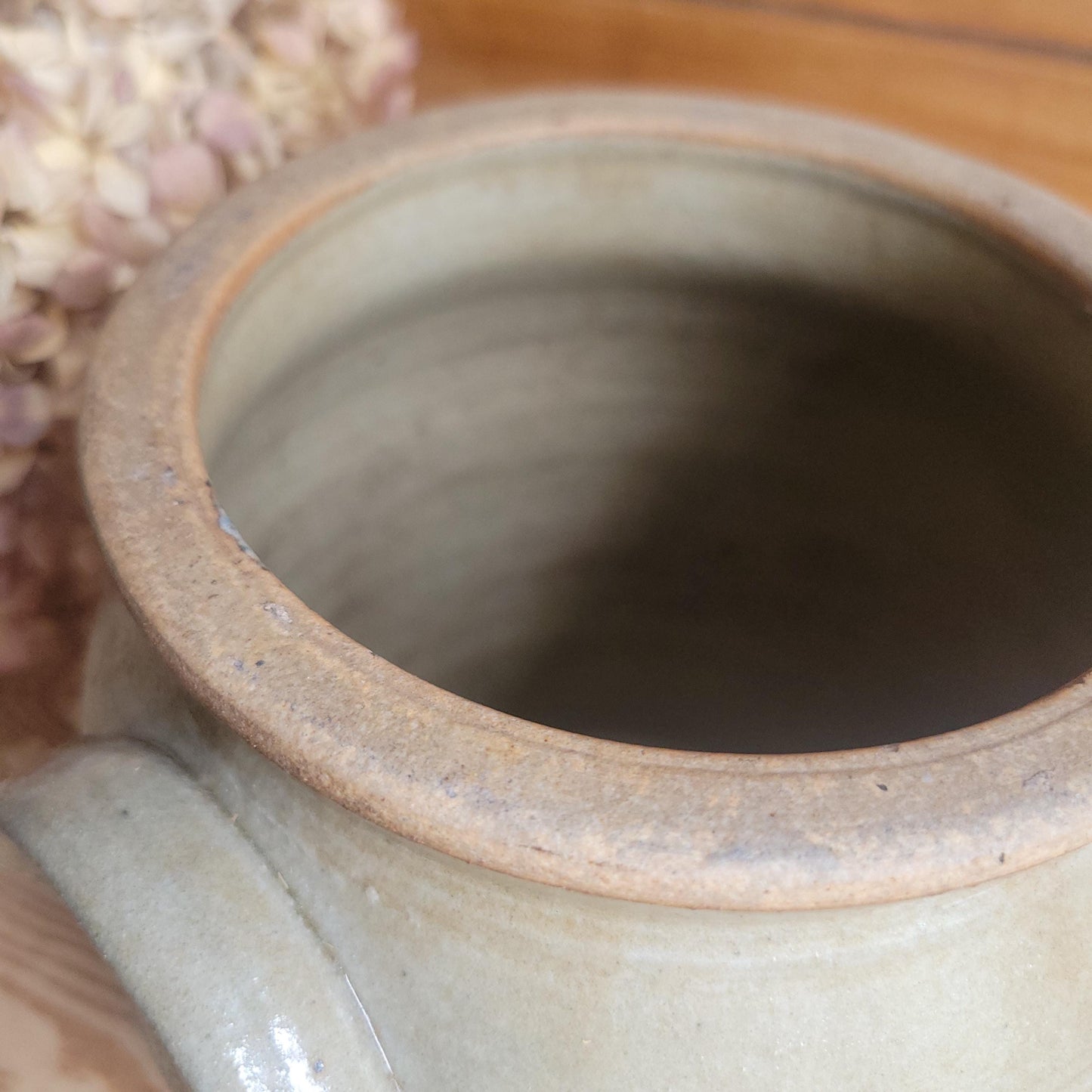 Small Antique French Confit Pot - Glazed attached-handled vintage stoneware, greige, early 1900s
