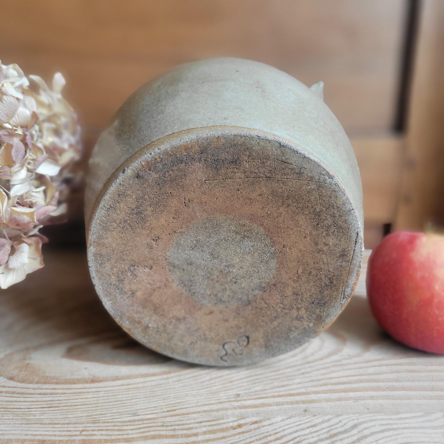 Small Antique French Confit Pot - Glazed attached-handled vintage stoneware, greige, early 1900s