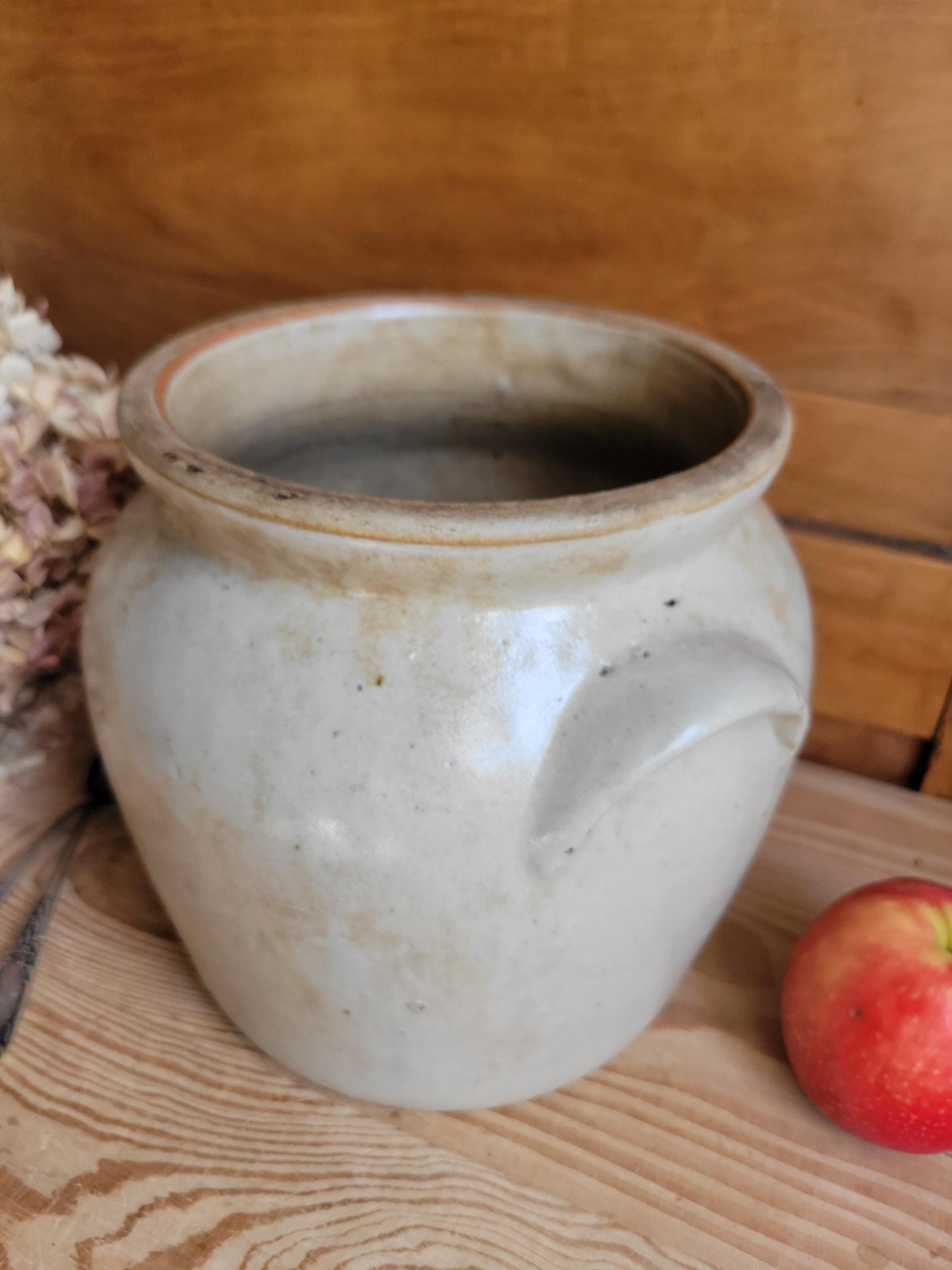 Large Antique French Confit Pot - Glazed attached-handled vintage stoneware, greige, early 1900s