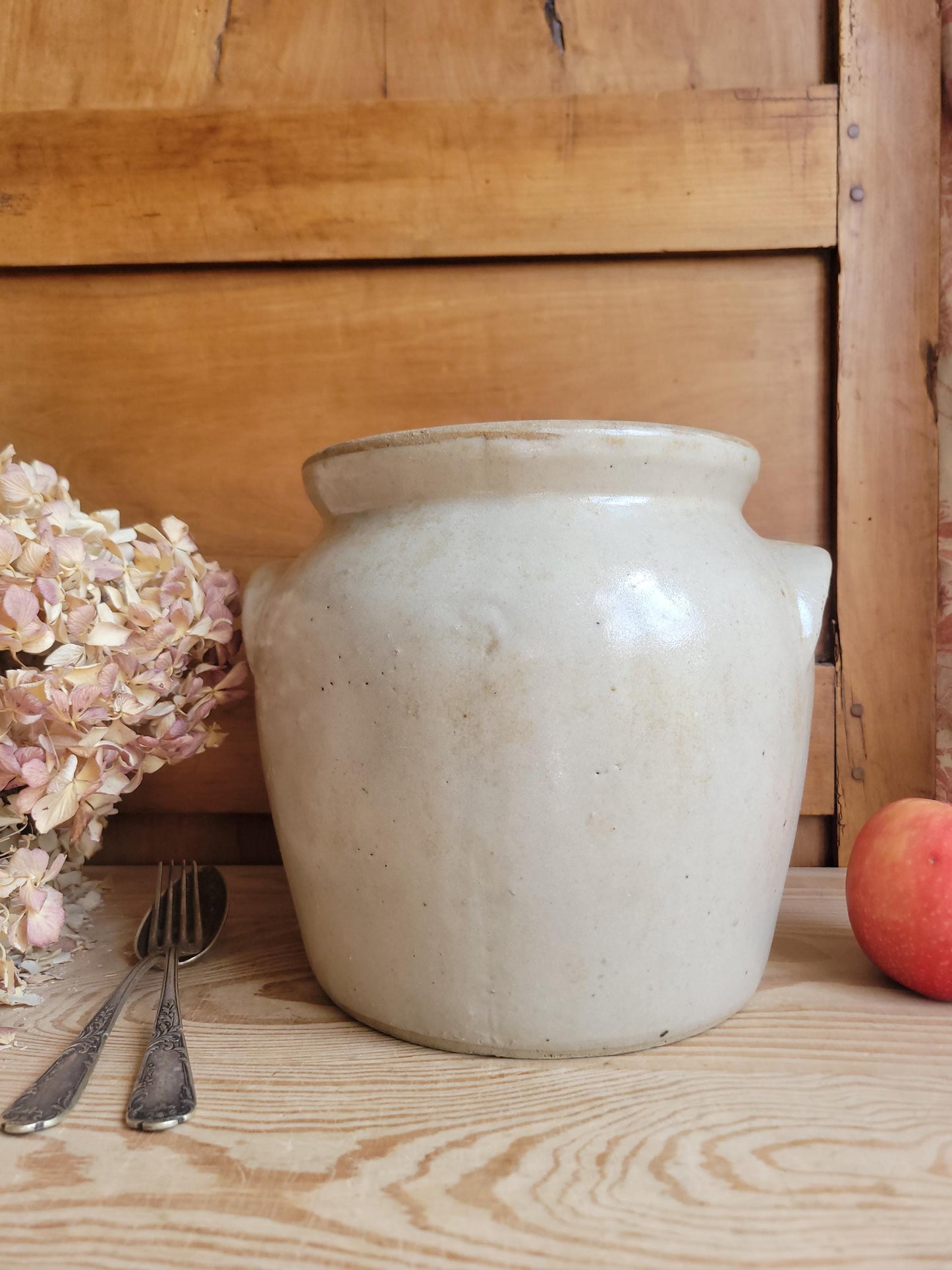 Large Antique French Confit Pot - Glazed attached-handled vintage stoneware, greige, early 1900s