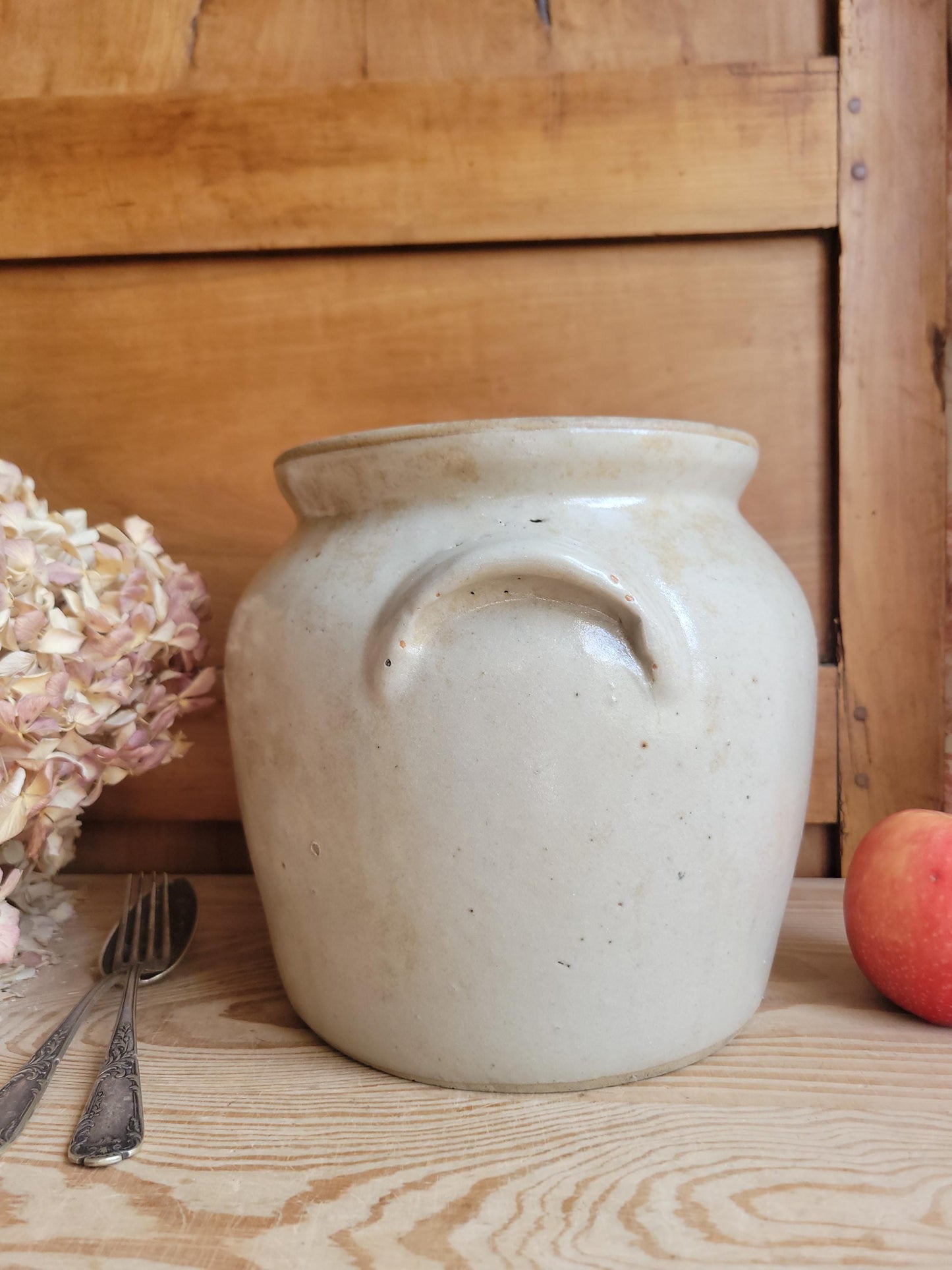 Large Antique French Confit Pot - Glazed attached-handled vintage stoneware, greige, early 1900s