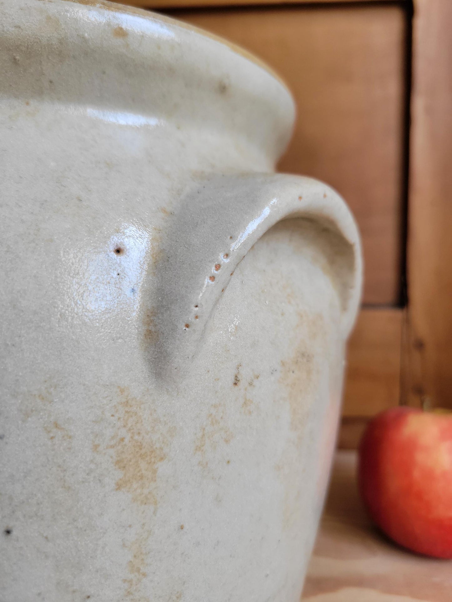 Large Antique French Confit Pot - Glazed attached-handled vintage stoneware, greige, early 1900s