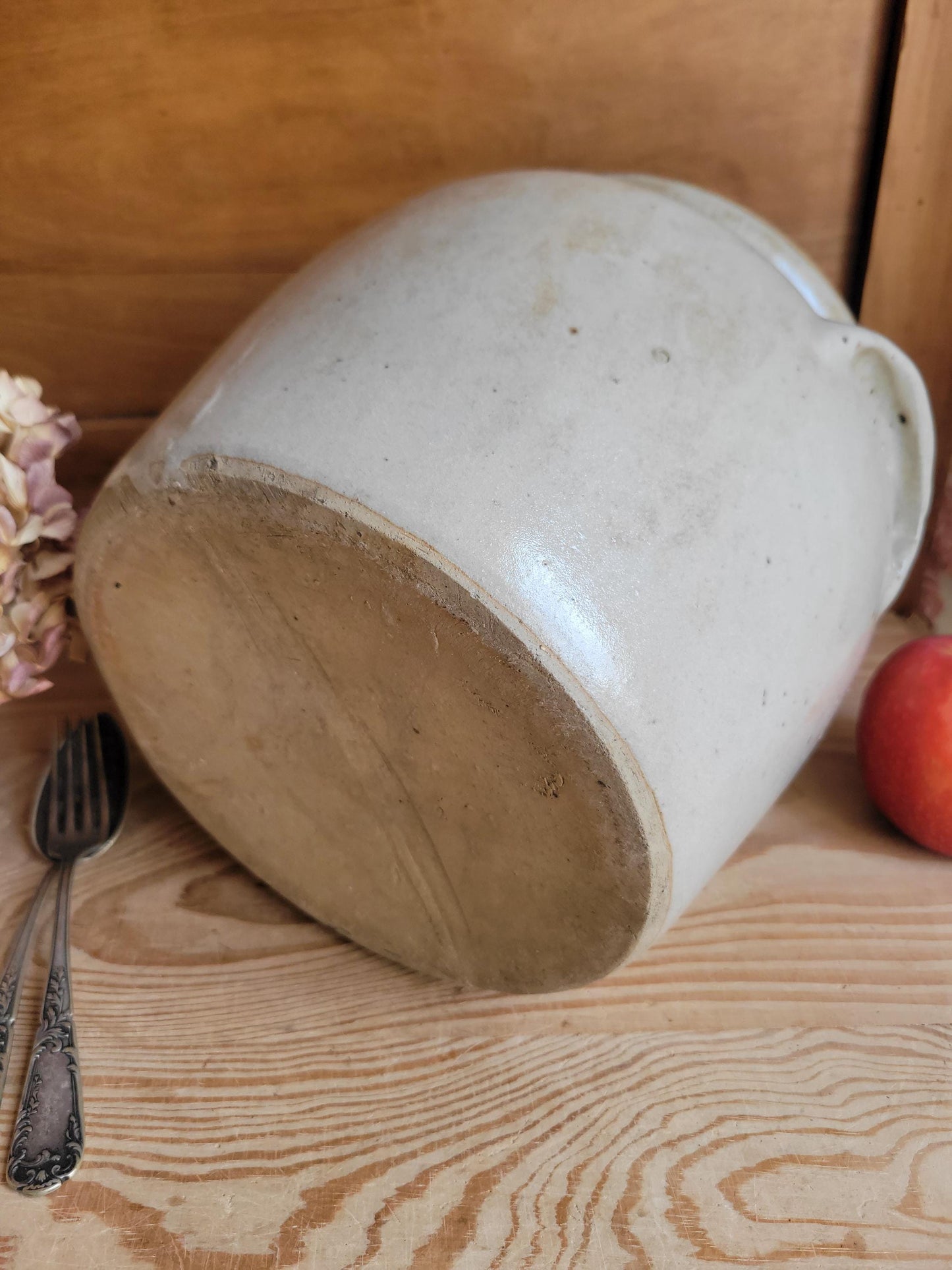 Large Antique French Confit Pot - Glazed attached-handled vintage stoneware, greige, early 1900s
