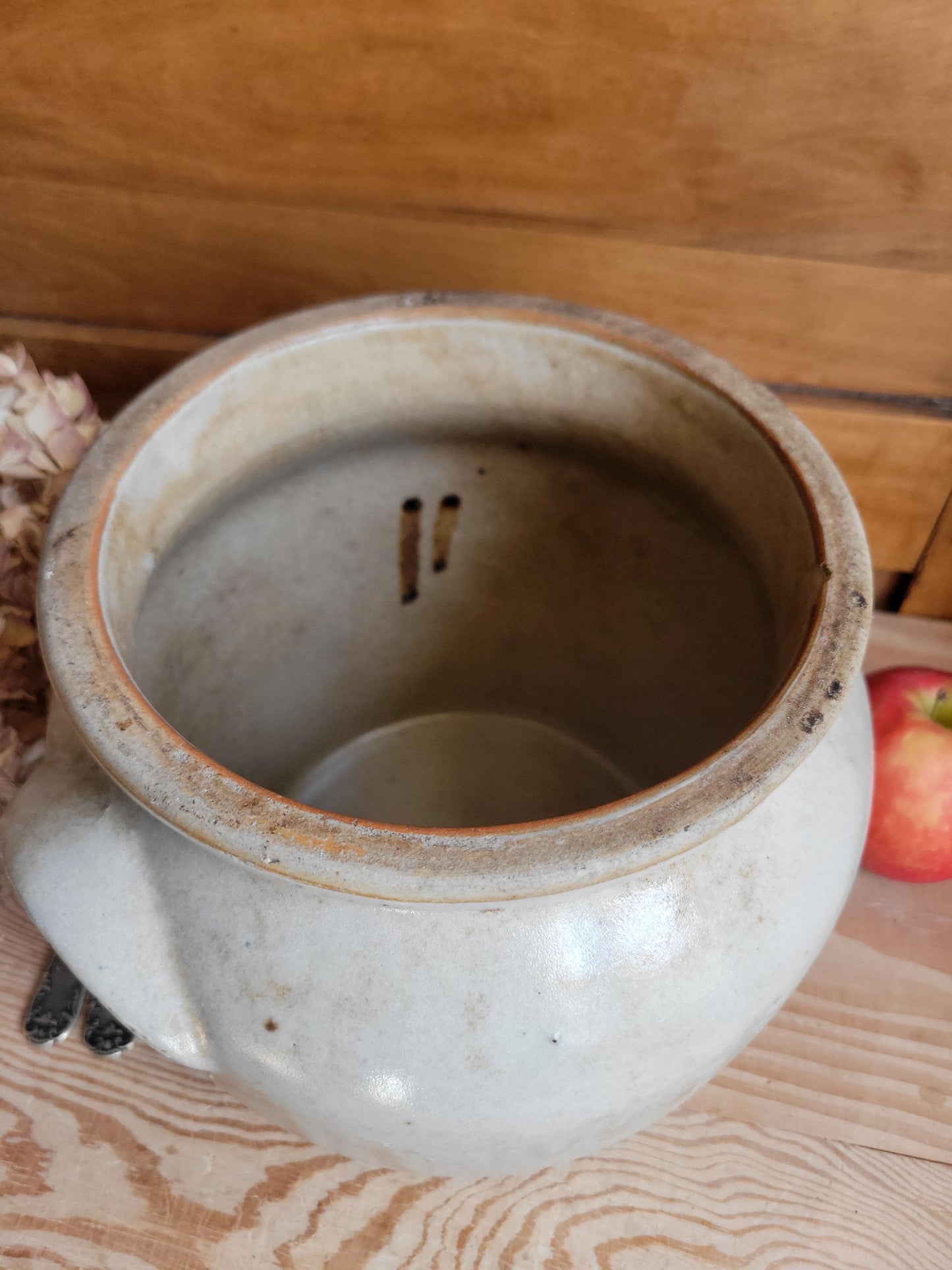 Large Antique French Confit Pot - Glazed attached-handled vintage stoneware, greige, early 1900s