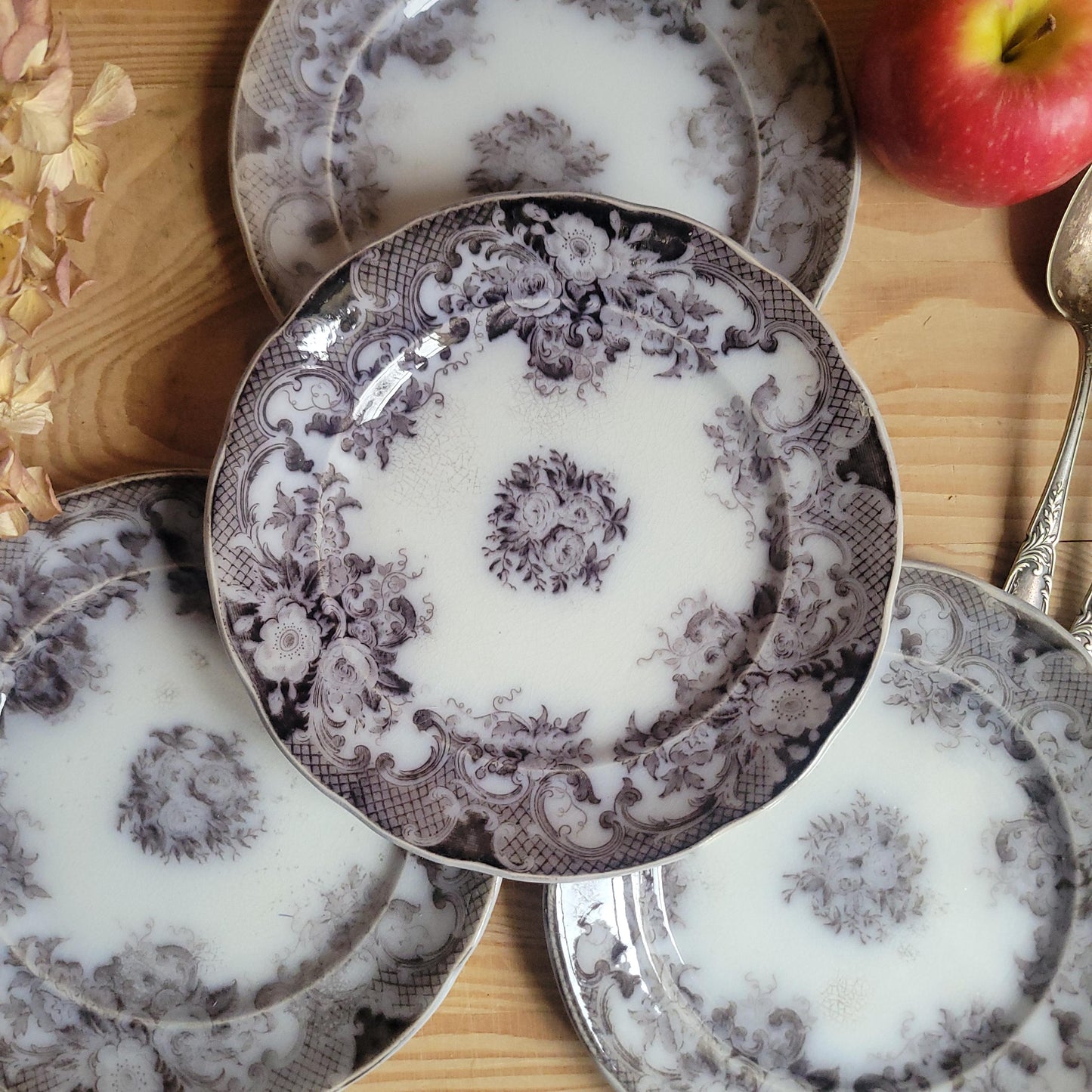 Set of 4 ‘Bryonia’ Dessert Plates b&W transferware by Sarreguemines, France c.1880