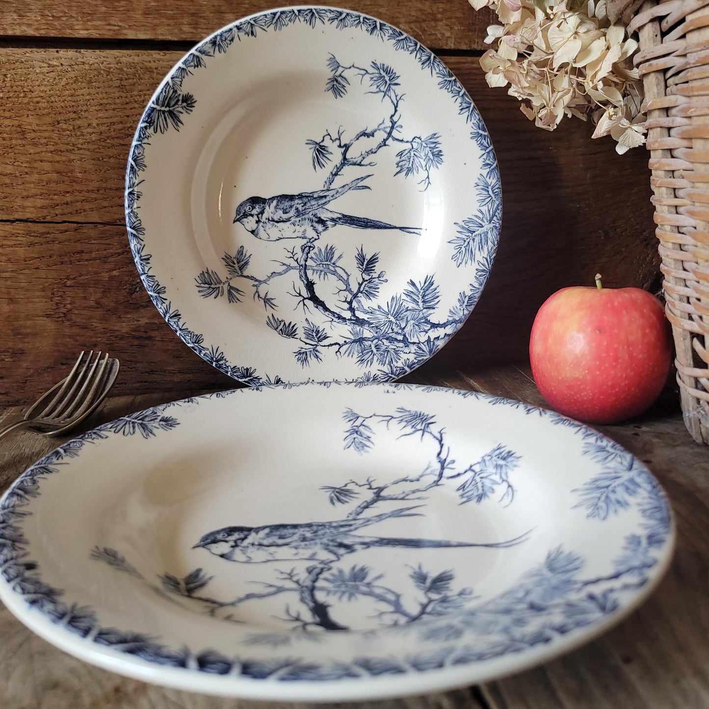Pair of Gien ‘Provençal’ Soup Plates, Teal Transferware with Bird Motif, France c.1880