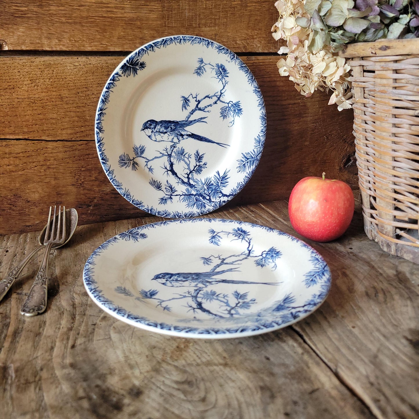 Pair of Gien ‘Provençal’ Soup Plates, Teal Transferware with Bird Motif, France c.1880
