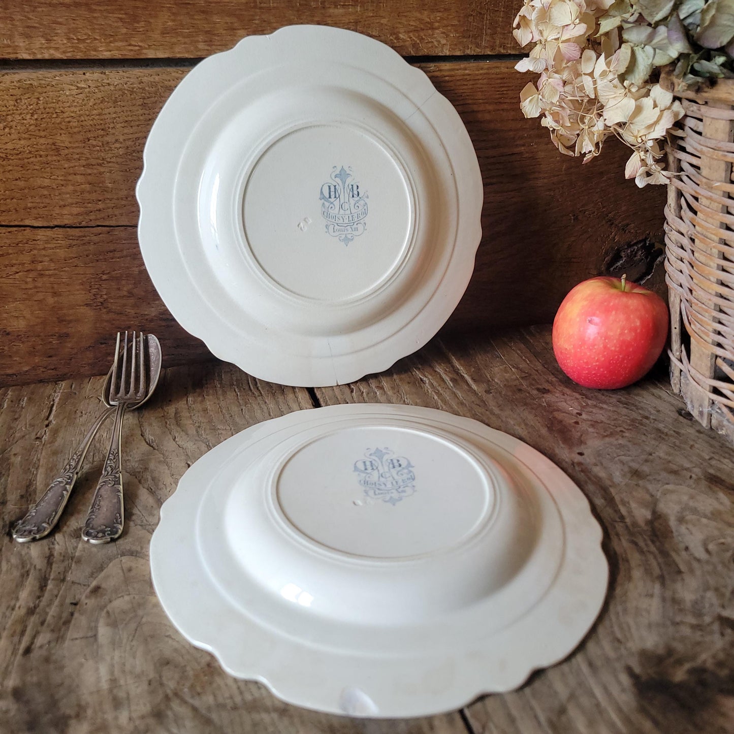 Pair of Choisy-le-Roi XIII Plates, ‘Le Soir’ and ‘La Jetée’, Blue-Brown Transferware, France c.1880