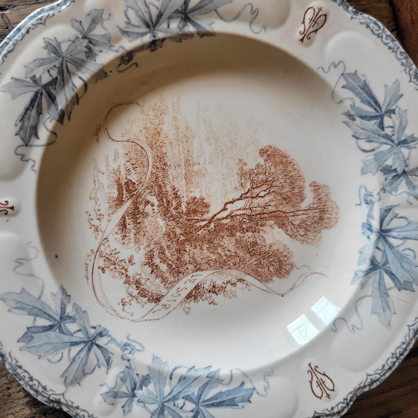 Pair of Choisy-le-Roi XIII Plates, ‘Le Soir’ and ‘La Jetée’, Blue-Brown Transferware, France c.1880