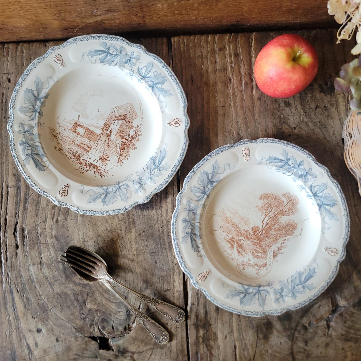 Pair of Choisy-le-Roi XIII Plates, ‘Le Soir’ and ‘La Jetée’, Blue-Brown Transferware, France c.1880